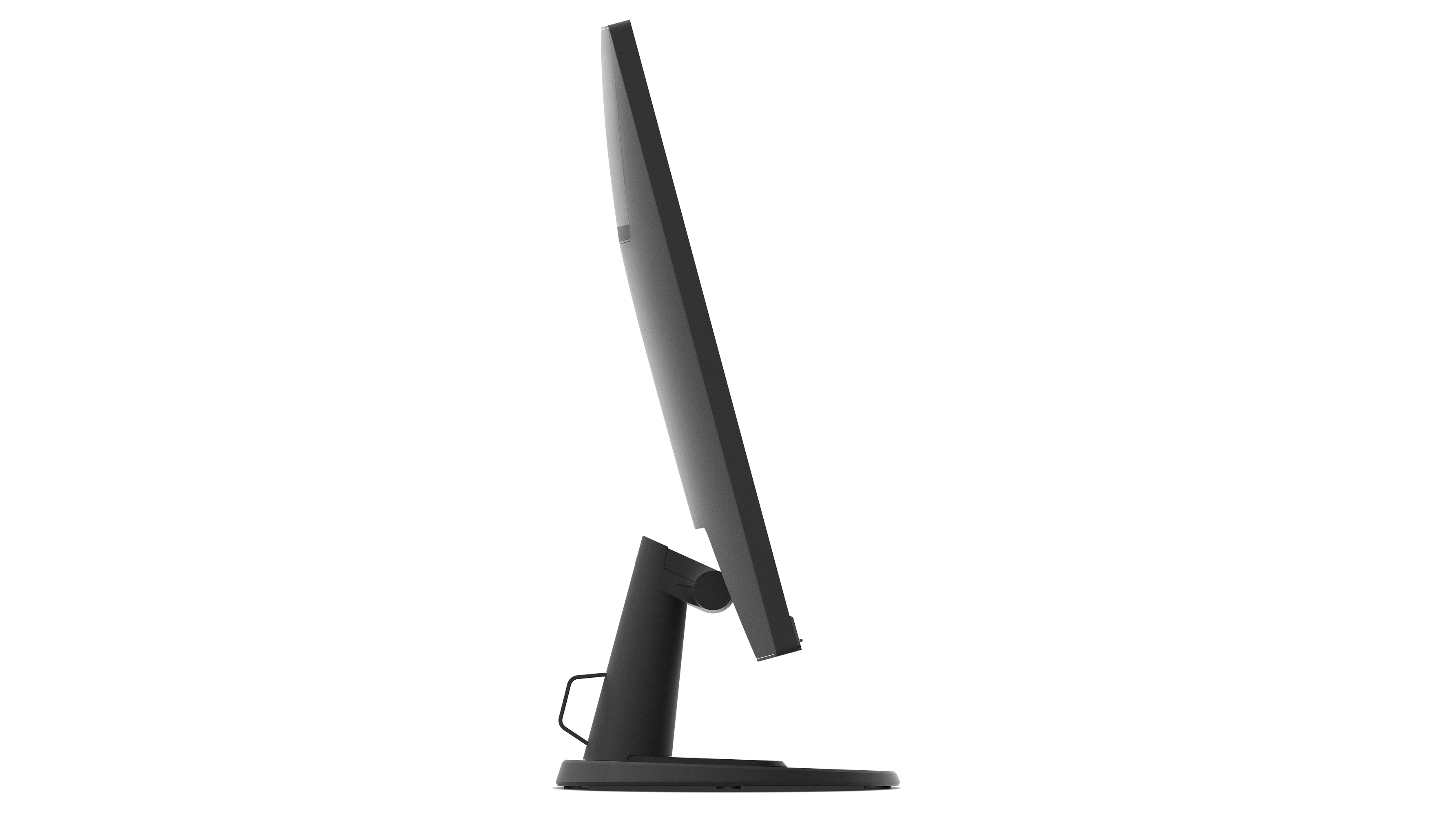A side view of a black monitor with a stand. The monitor is on a white background.