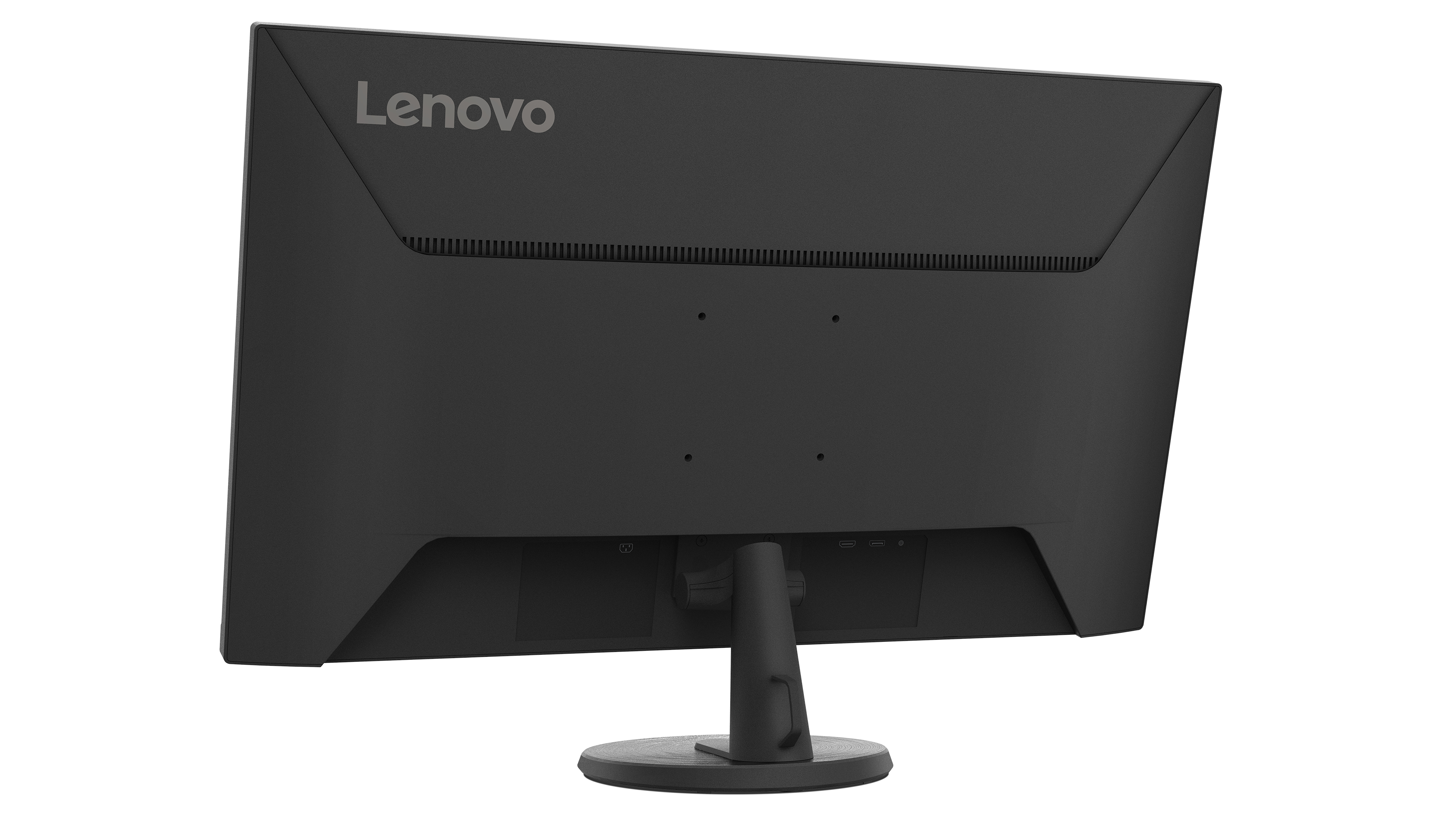 Black Lenovo monitor's back, showing Lenovo logo, ports, and stand attachment.