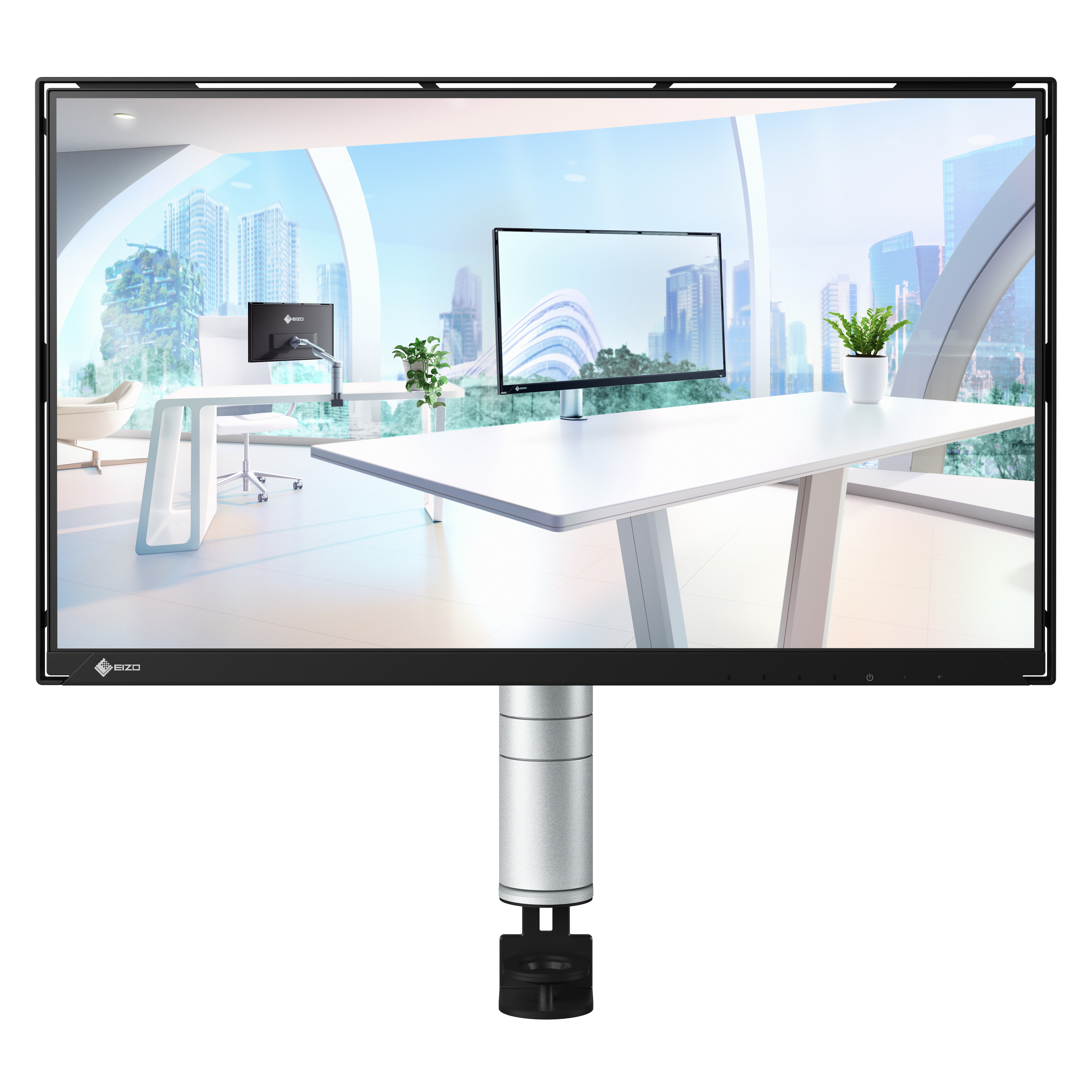 Ein Monitor zeigt eine Stadtszene mit zwei kleineren Bildschirmen. Der Monitor steht auf einem silbernen Ständer.