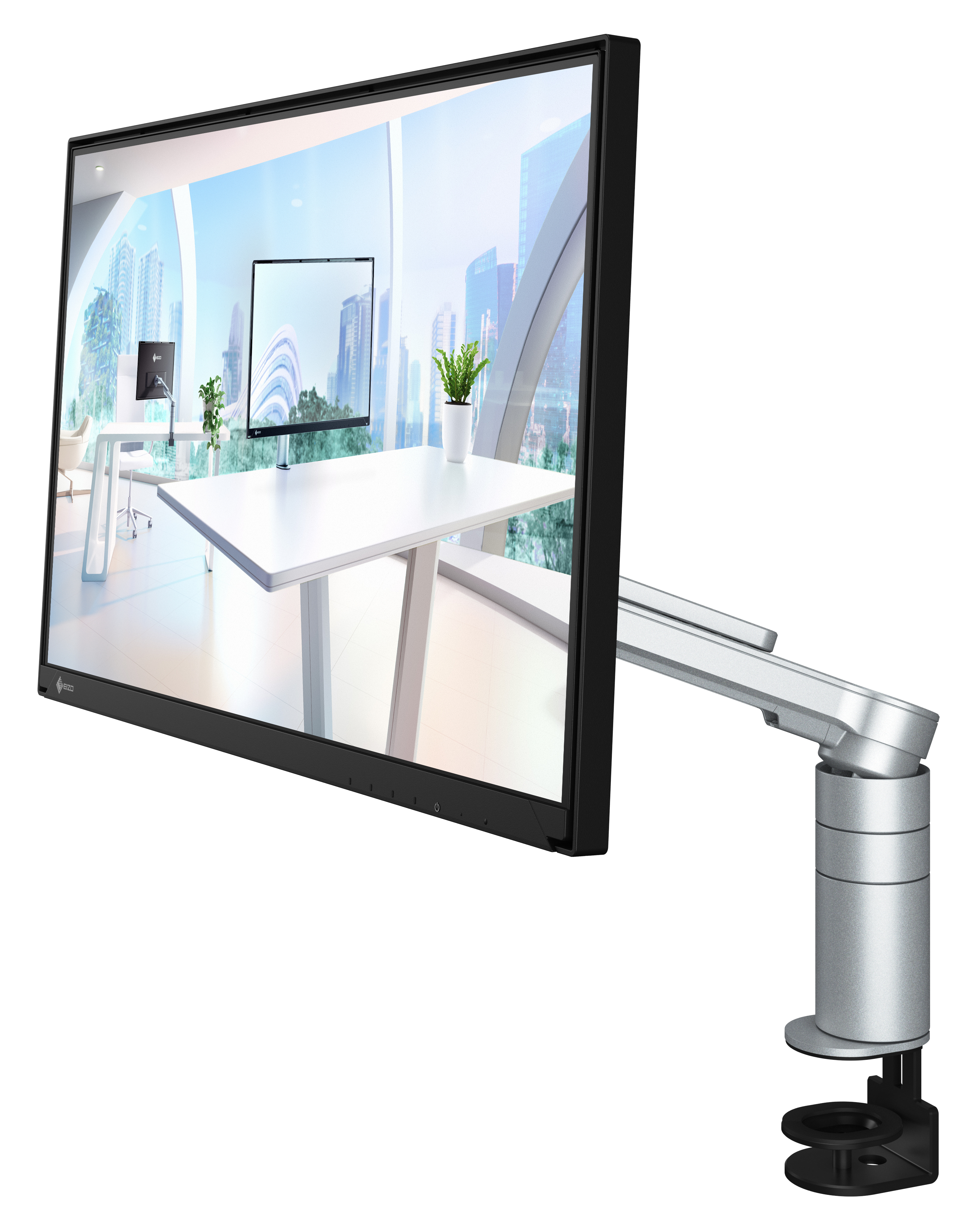 Ein Monitor an einer silbernen Armhalterung, der eine moderne Büroszene zeigt, weißer Schreibtisch.