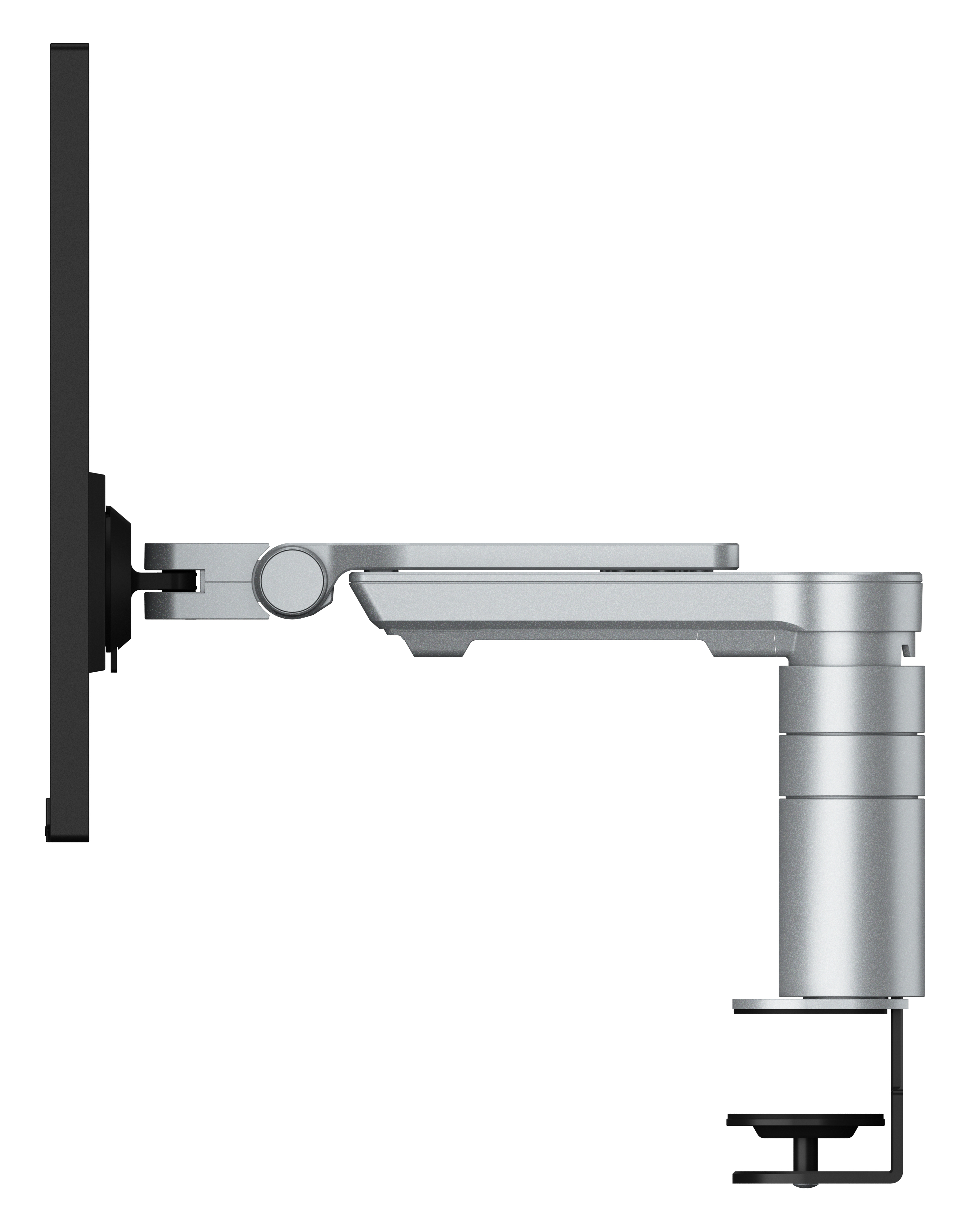 Seitenansicht eines Monitors, der an einem silbernen Arm befestigt ist, der an einer Klemme befestigt ist. Der Hintergrund ist weiß.