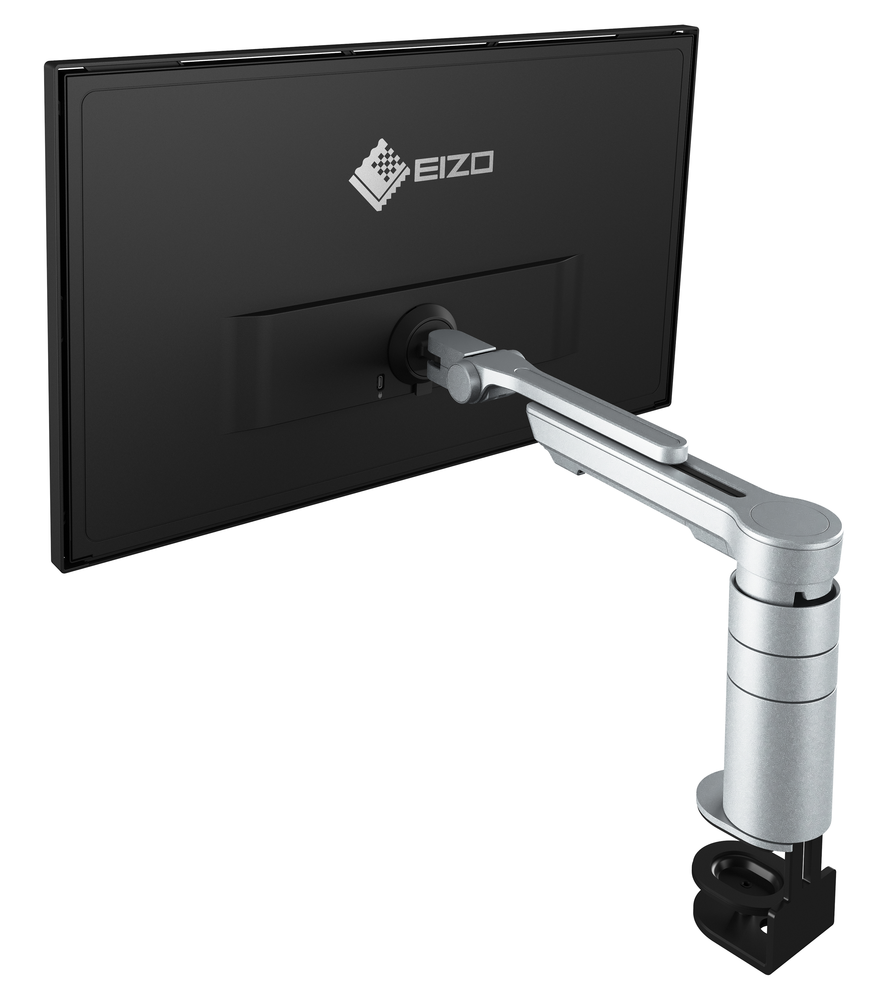 Ein schwarzer Monitor ist an einem silbernen, beweglichen Arm befestigt. Das EIZO-Logo befindet sich auf der Rückseite.