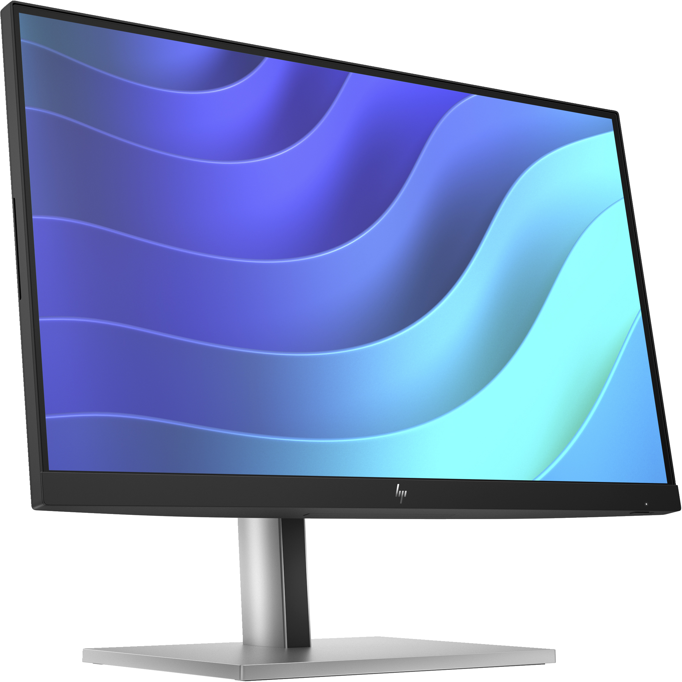 An HP monitor displaying a blue and teal abstract wave pattern on the screen.