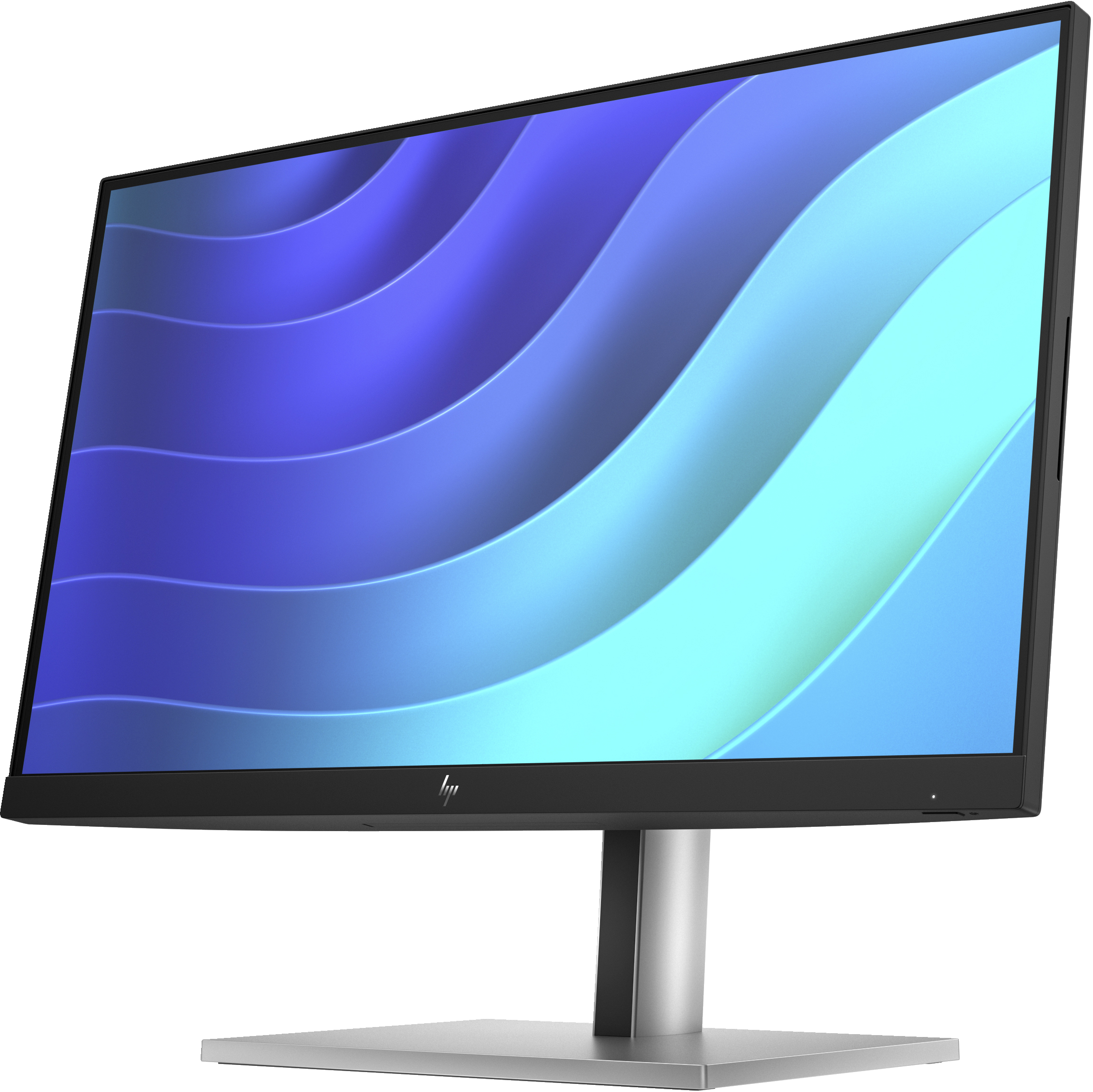 A silver and black computer monitor showing a blue and teal abstract design.