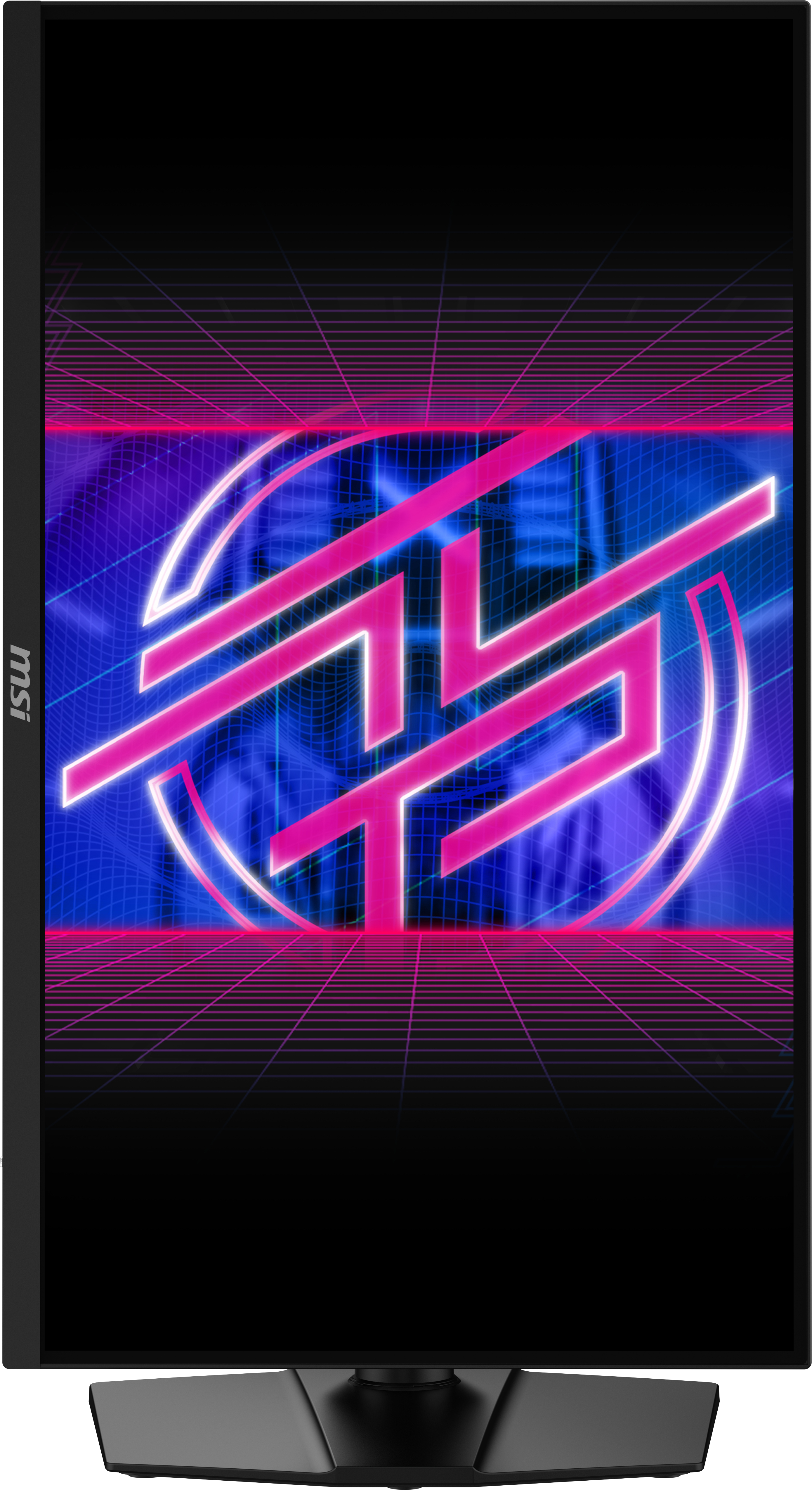 Monitor MSI wyświetlający neonową siatkę z centralnym logo na czarnym tle.