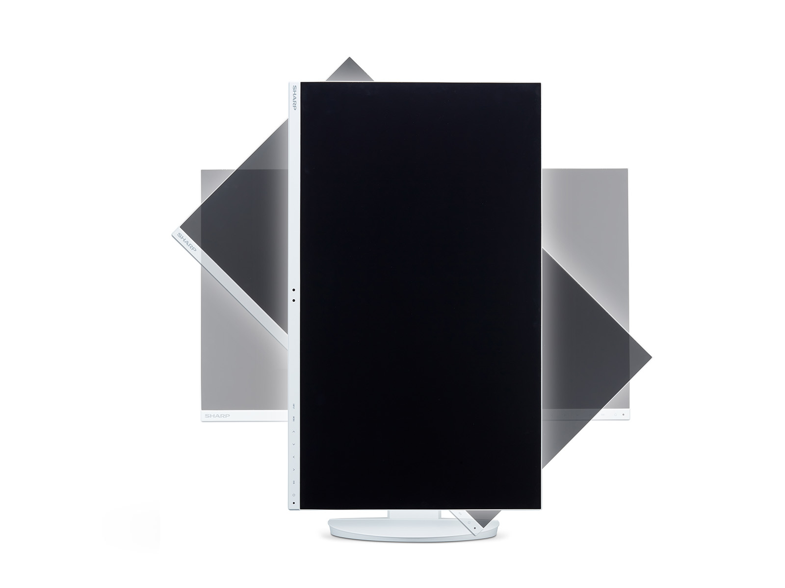 Biały monitor, obrócony ekran, z widocznym logo Sharp.