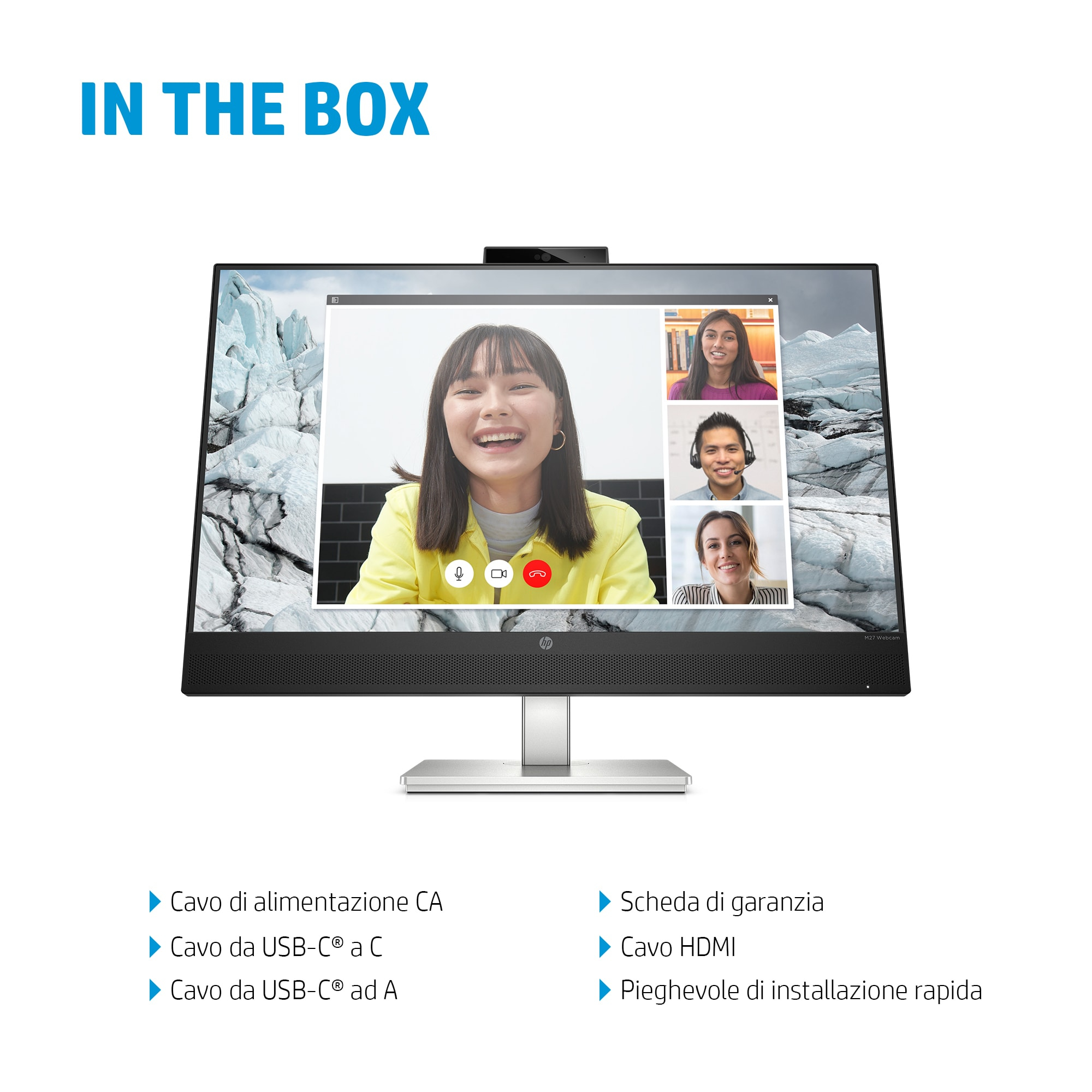 Un monitor HP muestra una videollamada con cuatro personas, junto con cables.