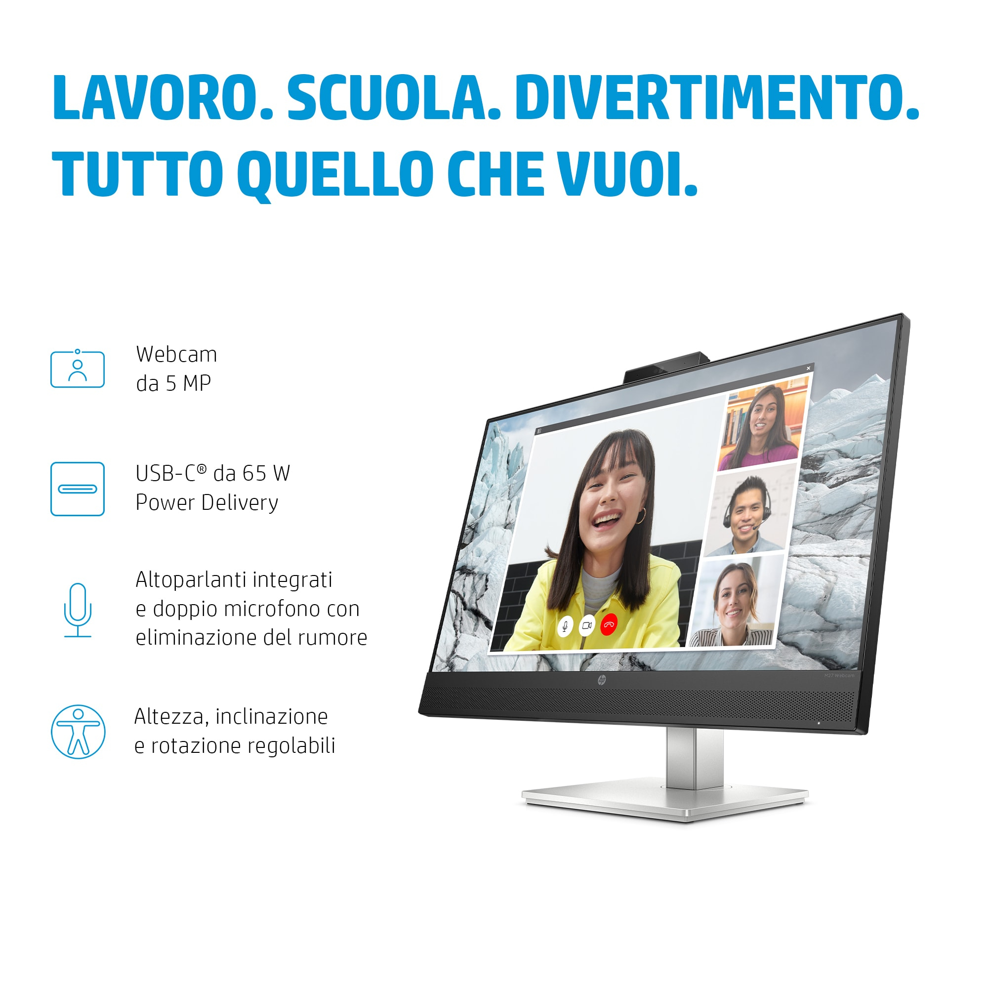 Un monitor HP con una videollamada en pantalla. El texto a la izquierda detalla las características.