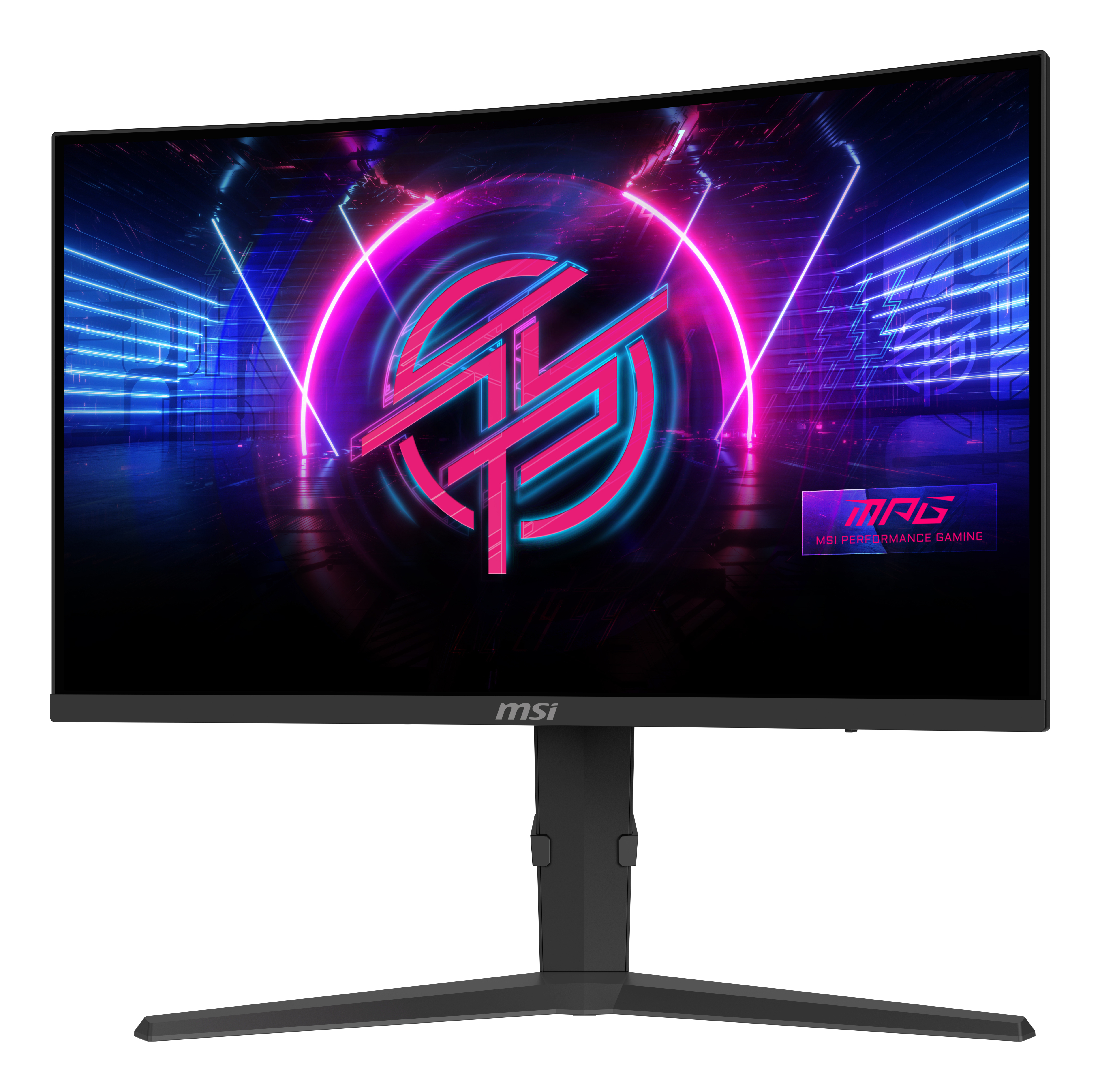 Monitor MSI wyświetlający neonową scenę z gry. Logo MSI widoczne na dole.