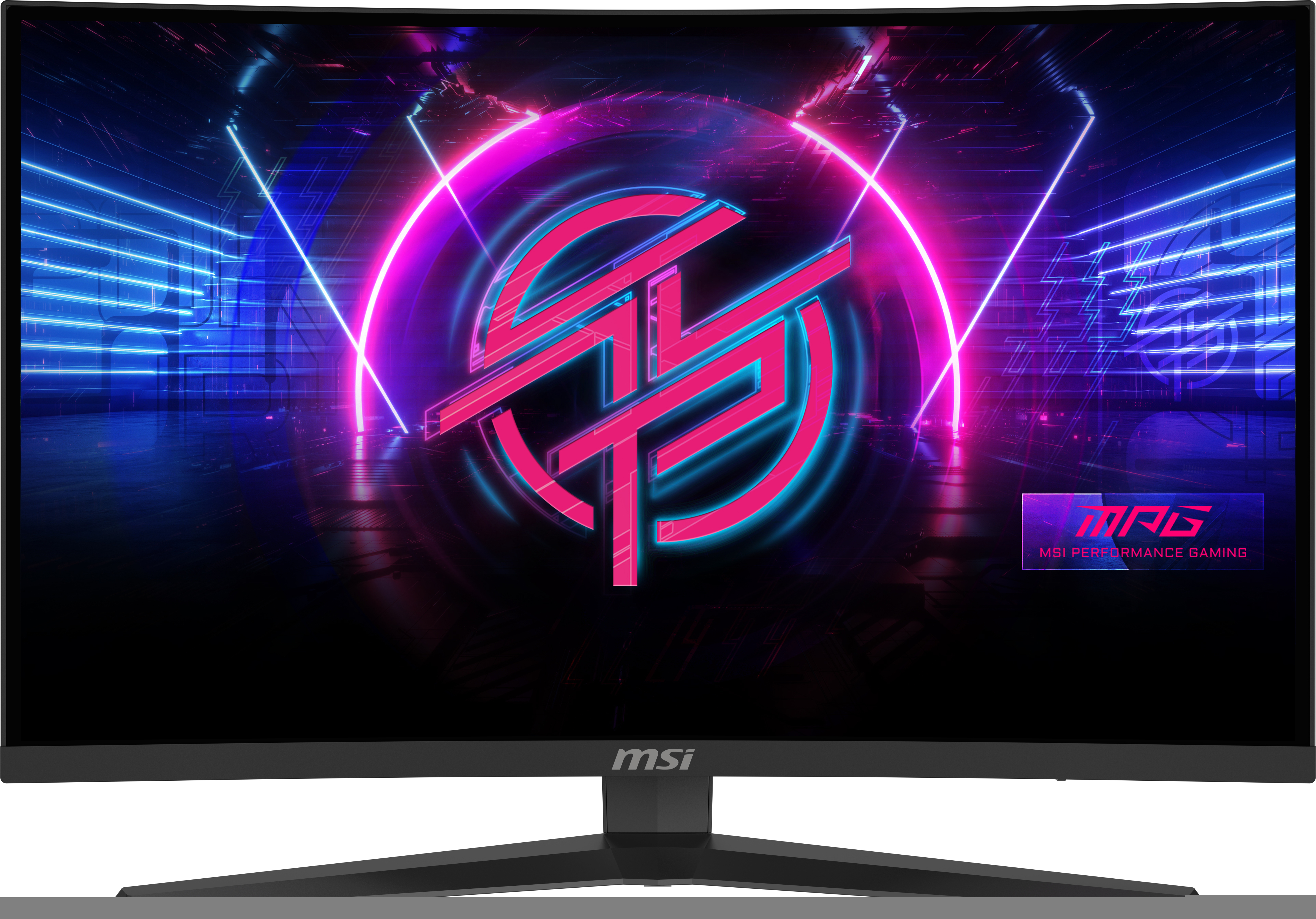 Zakrzywiony monitor do gier wyświetla neonową scenę z gry wideo.