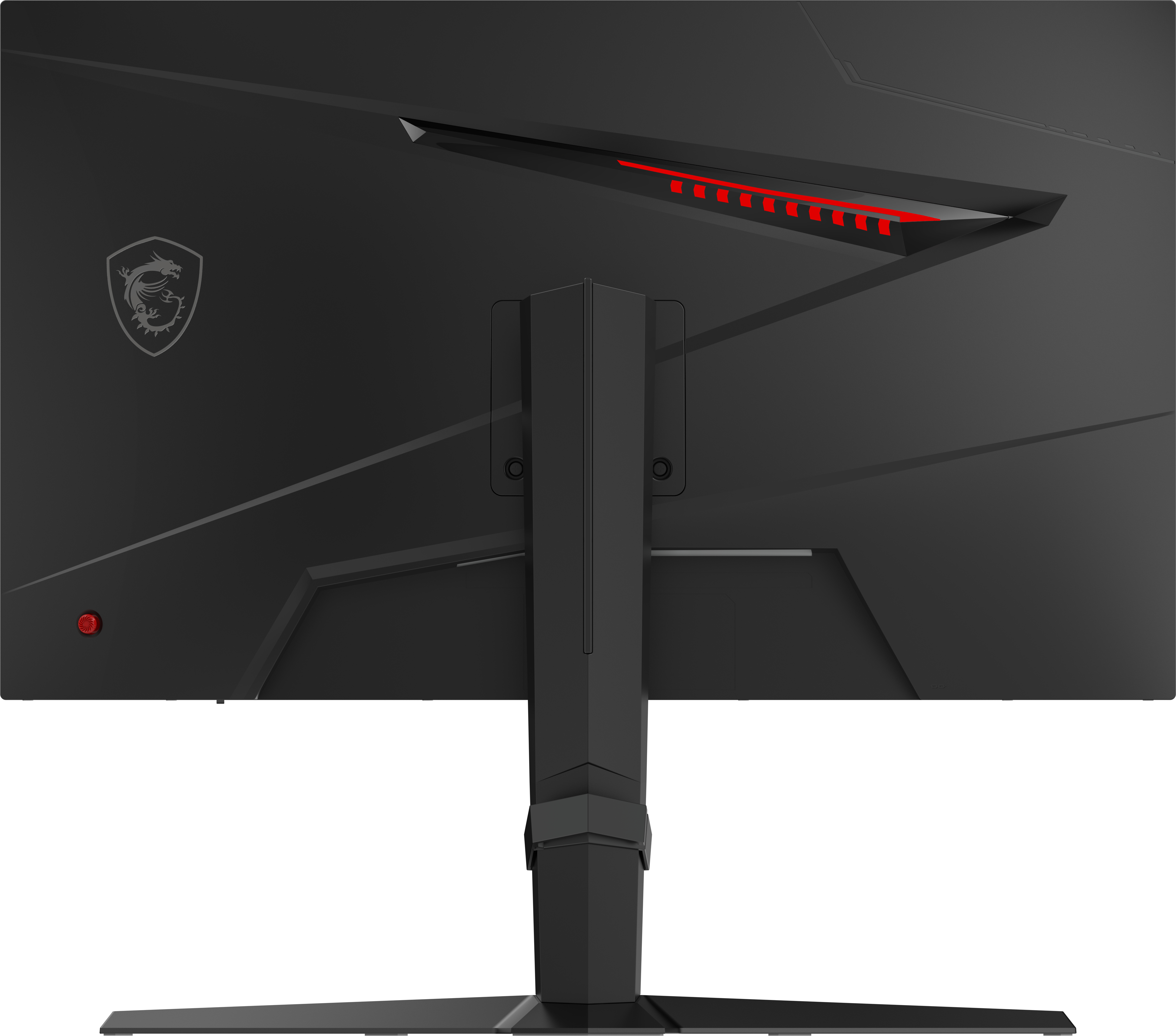 Parte trasera de monitor negro con logo MSI, detalles rojos y soporte. Incluye botón de encendido.