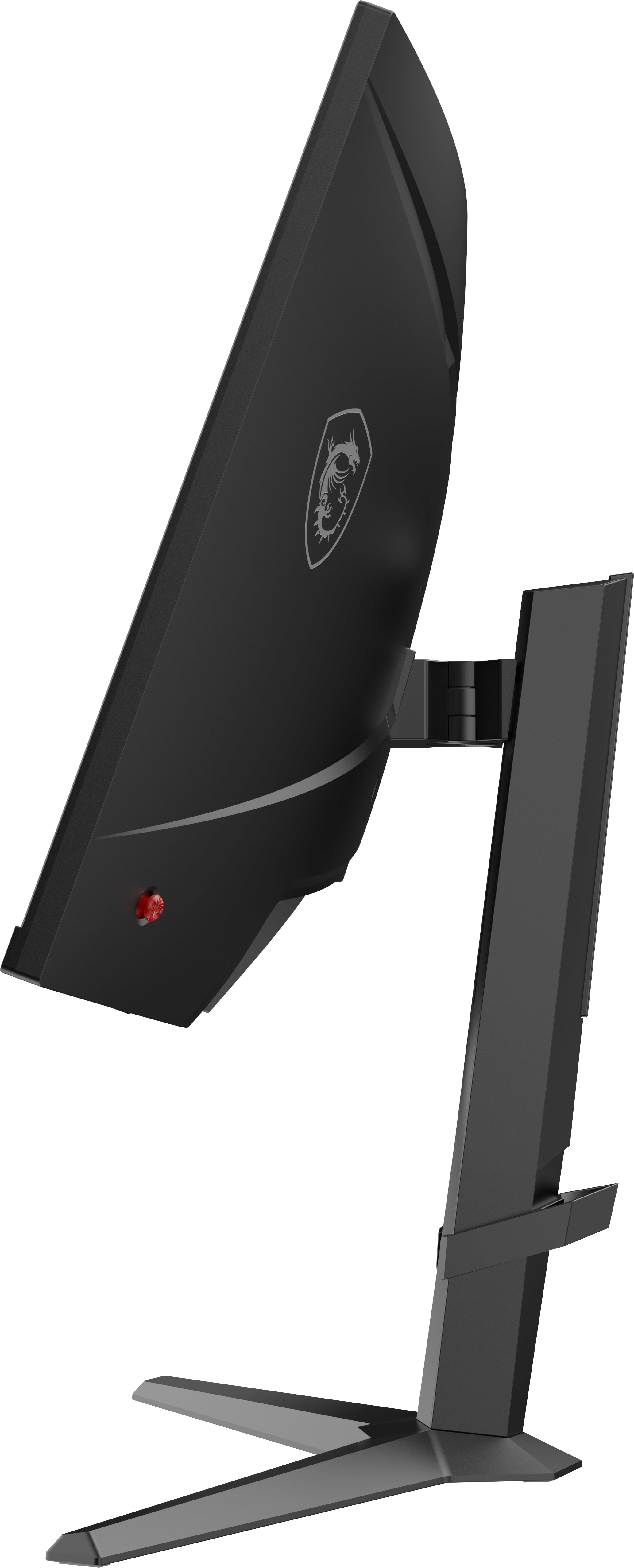 Parte trasera de un monitor MSI negro inclinado hacia arriba, con un botón rojo y el logotipo.