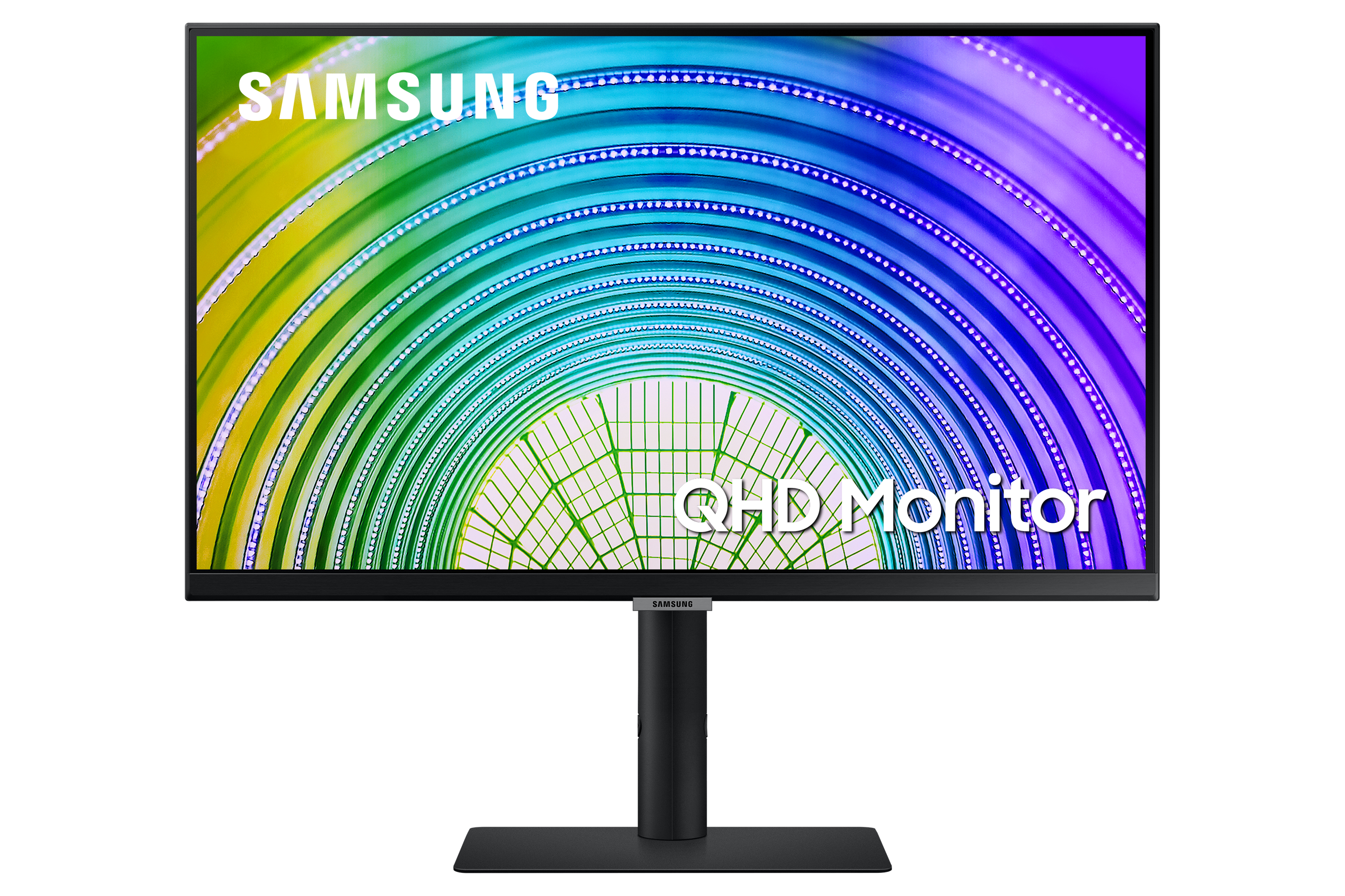 Samsung QHD-Monitor mit buntem, wirbelndem Musterhintergrund. Schwarzer Ständer, weißer Hintergrund.