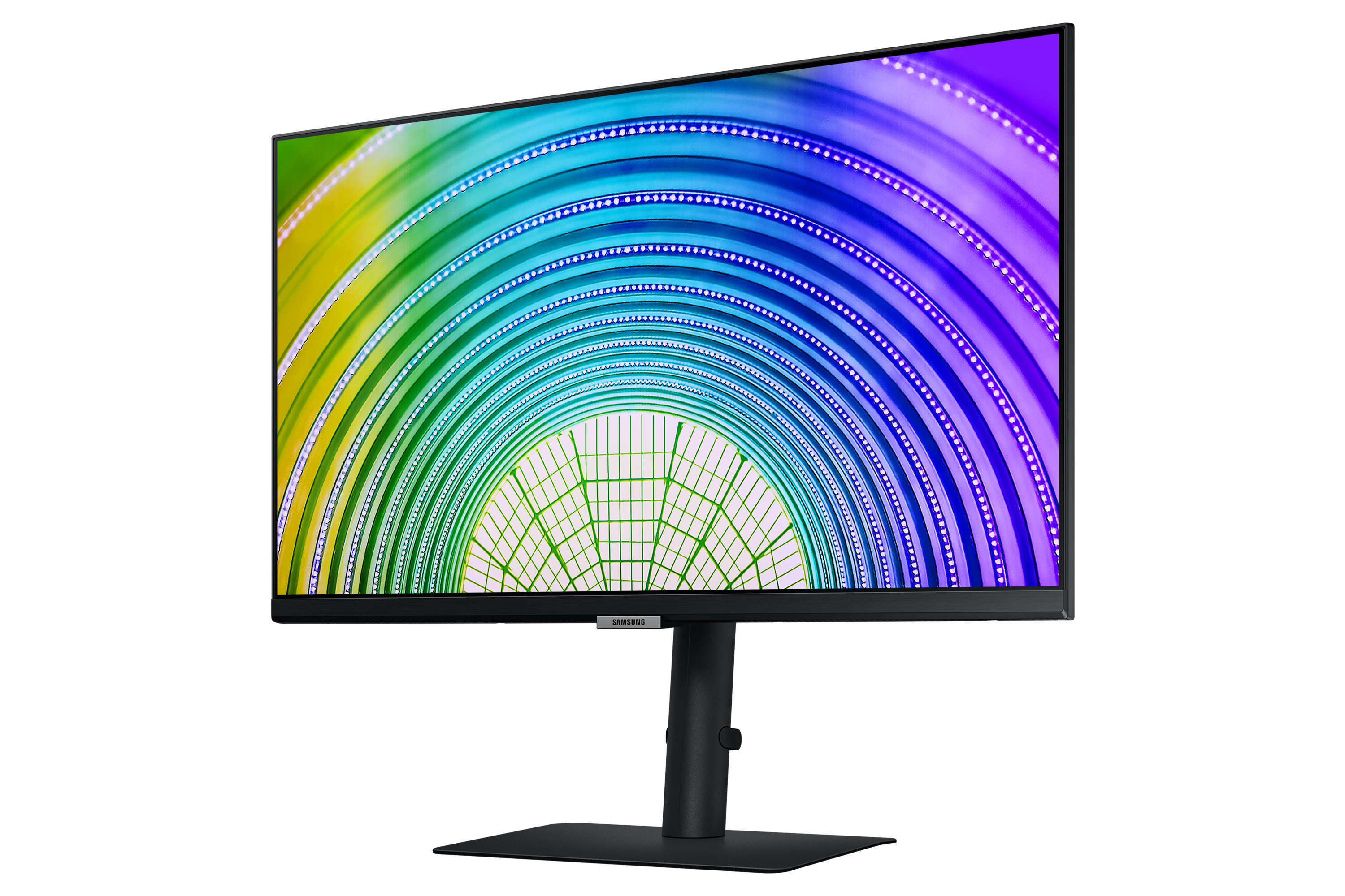 Ein Monitor zeigt ein farbenfrohes, regenbogenartiges Muster mit schwarzem Ständer.