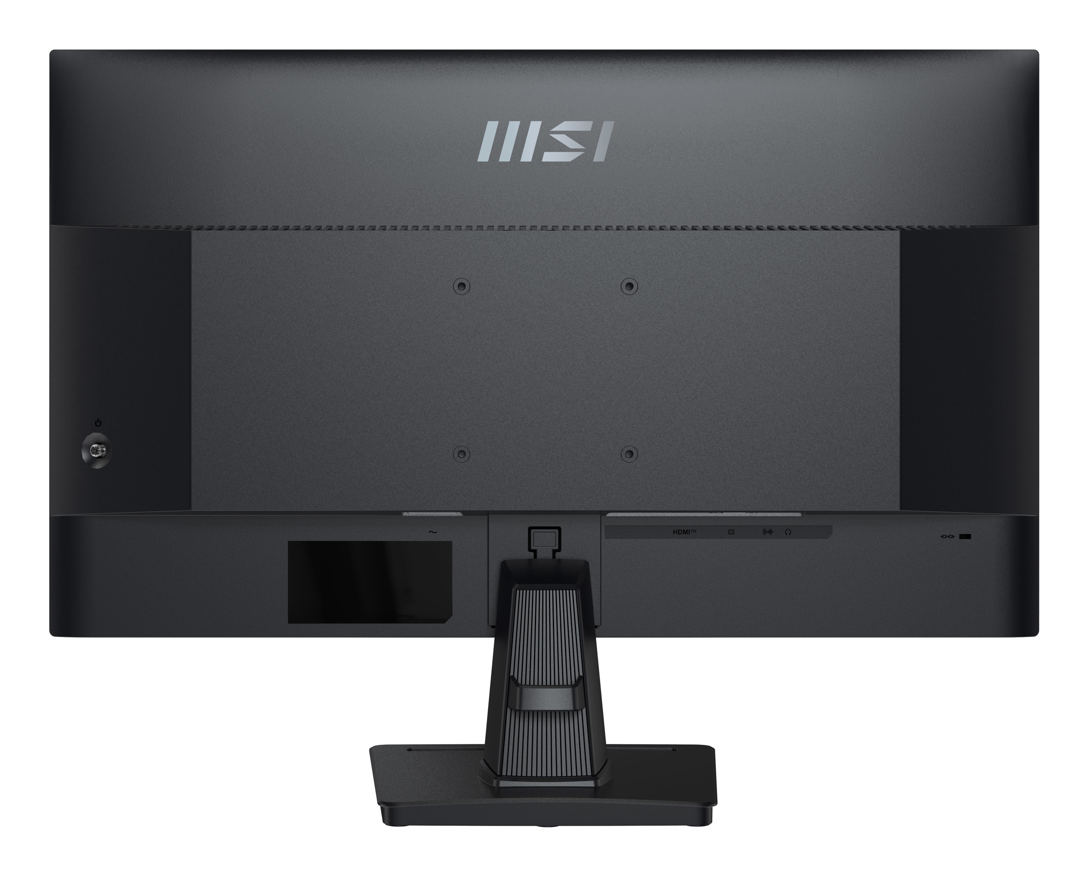 Siyah bir MSI monitörün arkası, bağlantı noktalarını, montaj braketini ve MSI logosunu gösteriyor.