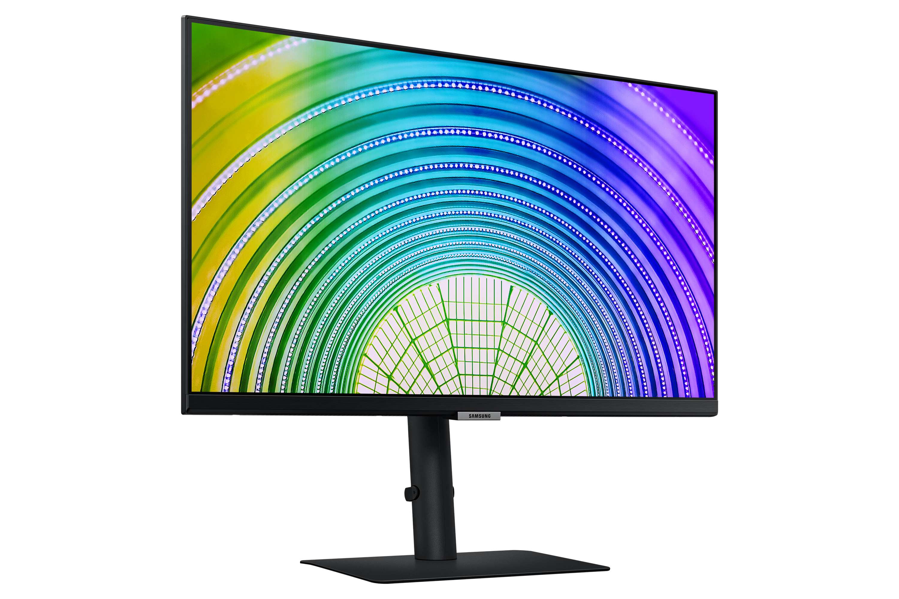 Samsung-Monitor. Der Bildschirm zeigt ein farbenfrohes, abstraktes Muster. Schwarzer Rahmen und Ständer.