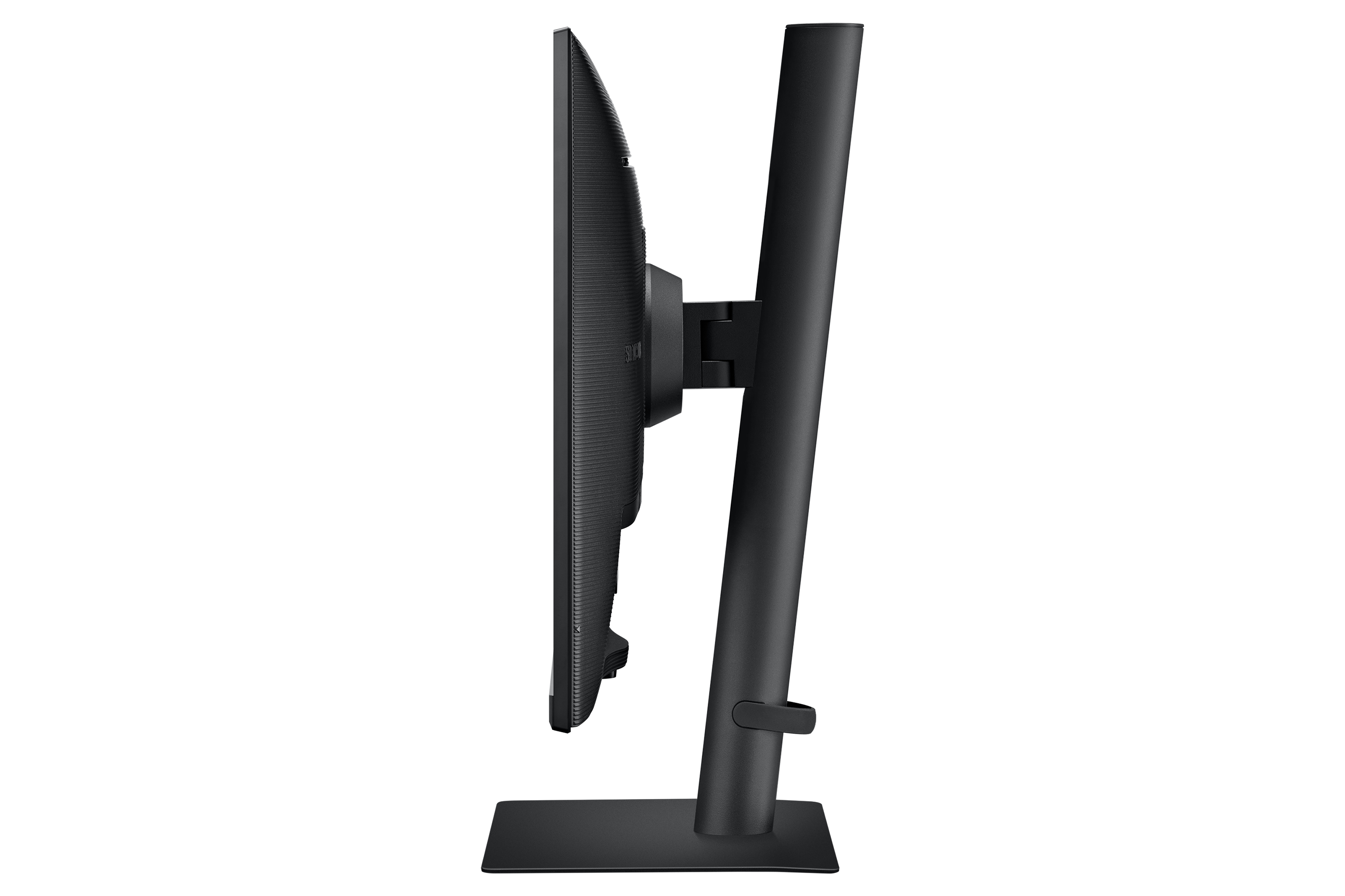 Seitenansicht eines schwarzen Monitors mit schwarzem Ständer. Der Monitor ist schlank und modern.