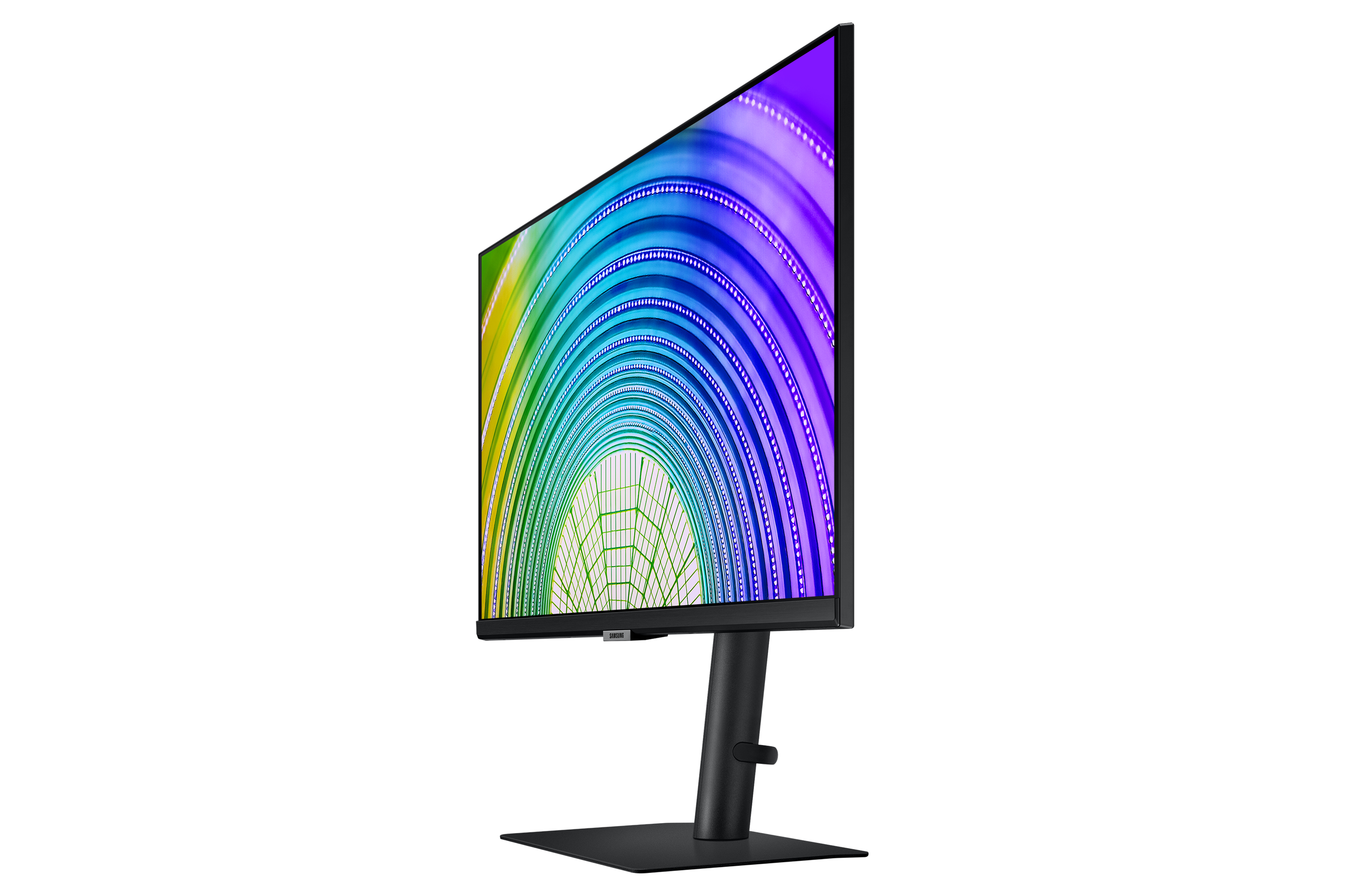 Ein gebogener Monitor zeigt ein farbenfrohes, regenbogenartiges Muster. Er ist schwarz, auf einem schwarzen Ständer, vor weißem Hintergrund.