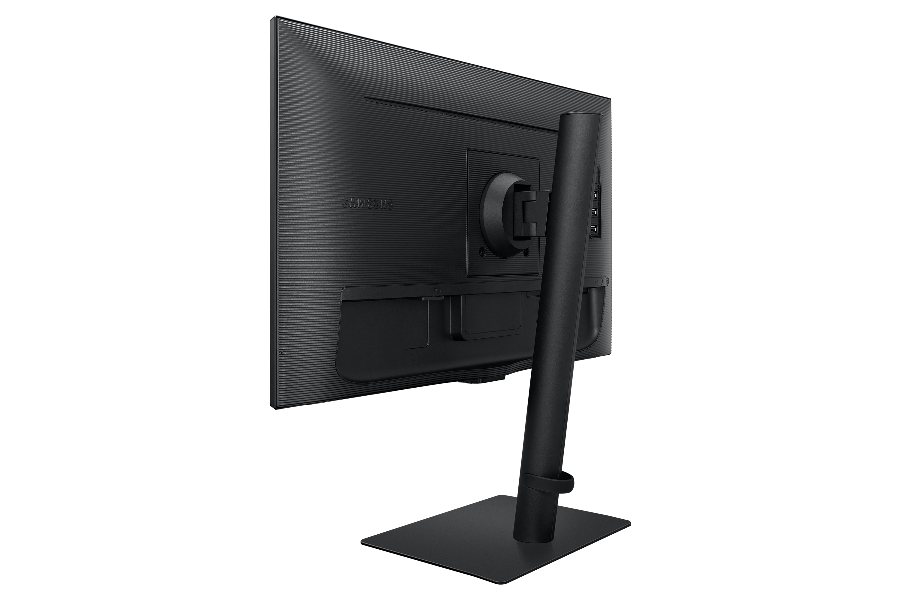 Rückseite eines schwarzen Monitors mit Ständer. Es hat Anschlüsse und ein Samsung-Logo.