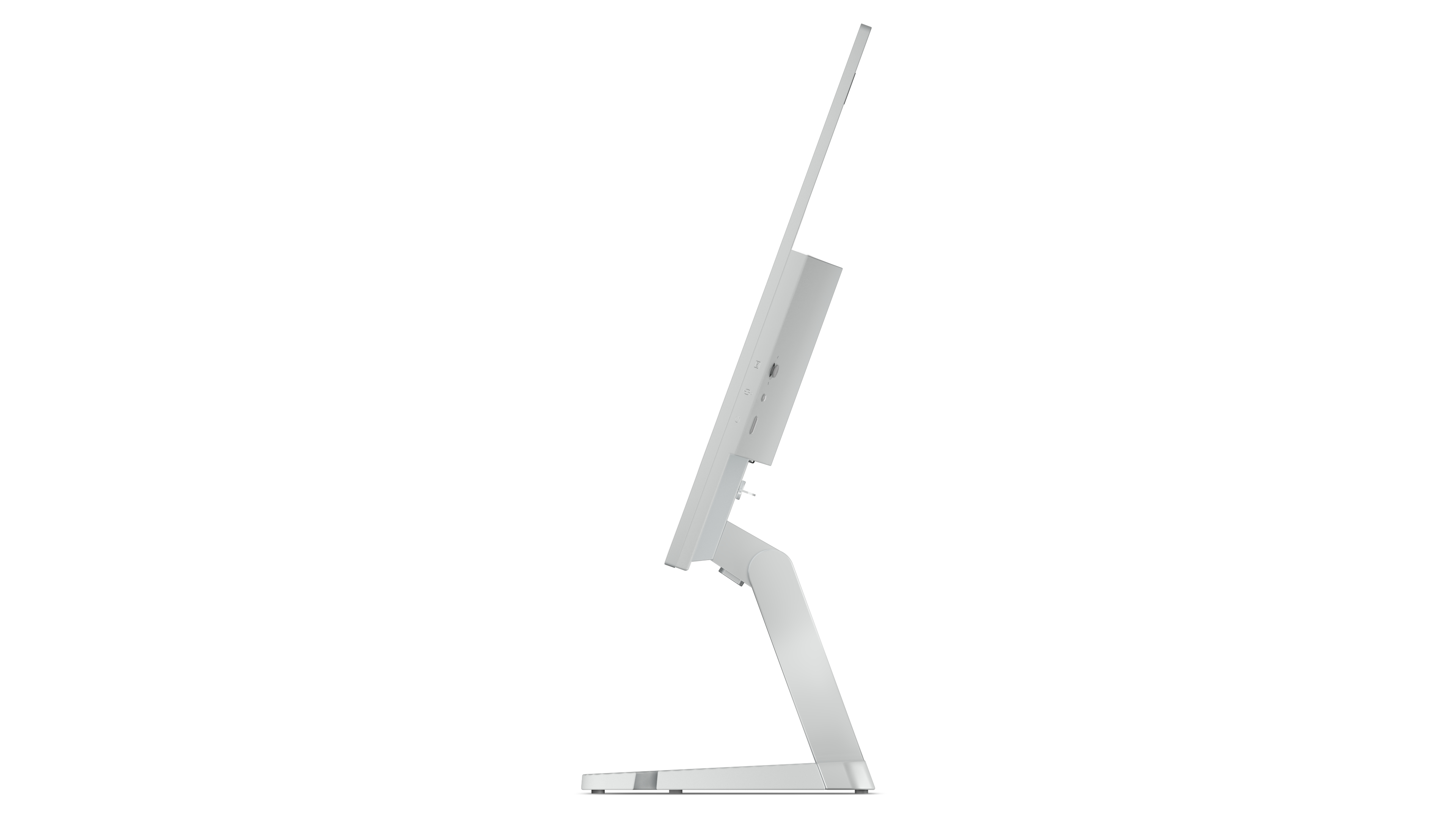 Boczny widok białego monitora. Monitor stoi na białym stojaku, białe tło.