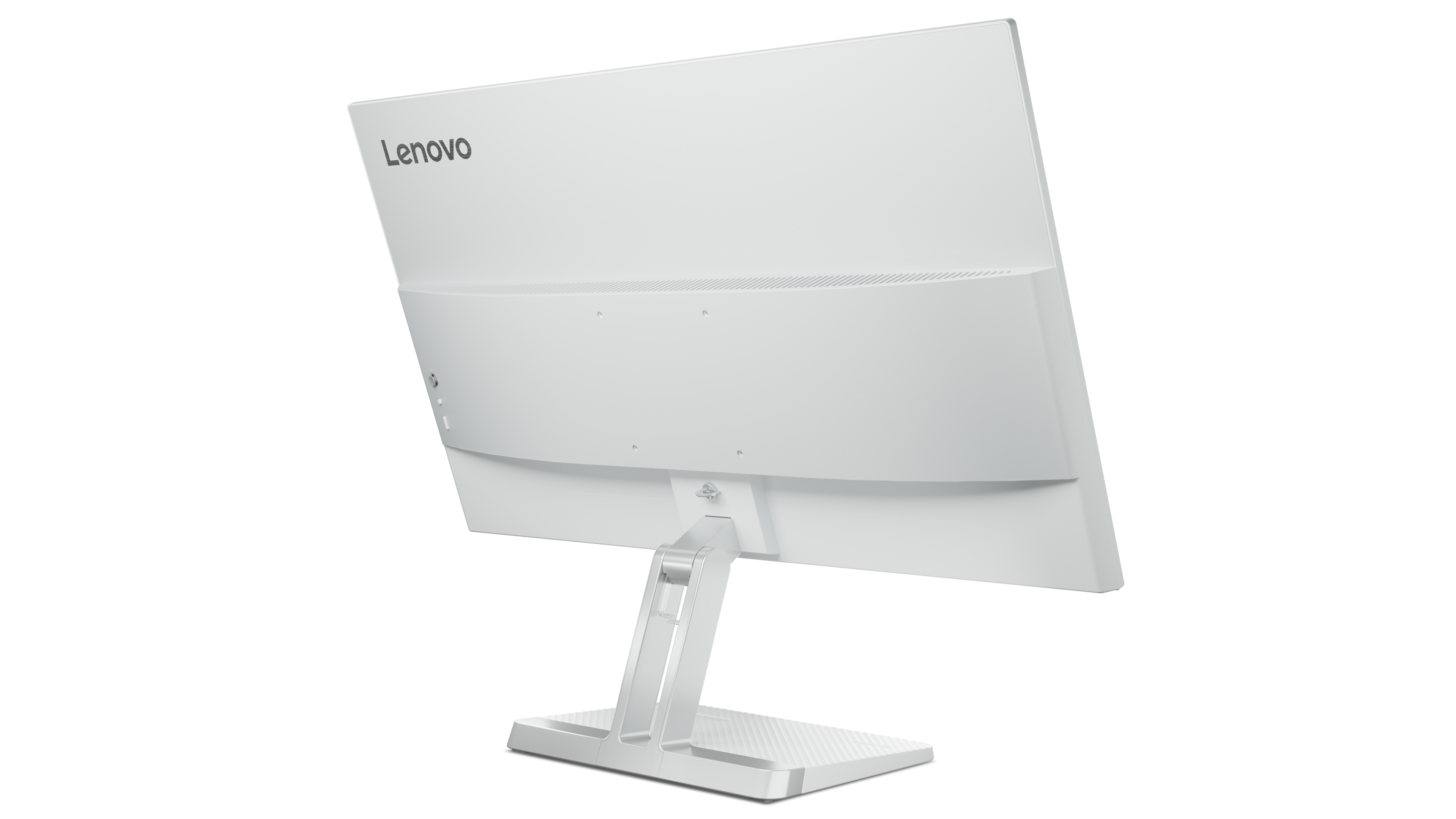 Widok z tyłu białego monitora Lenovo z podstawą.
