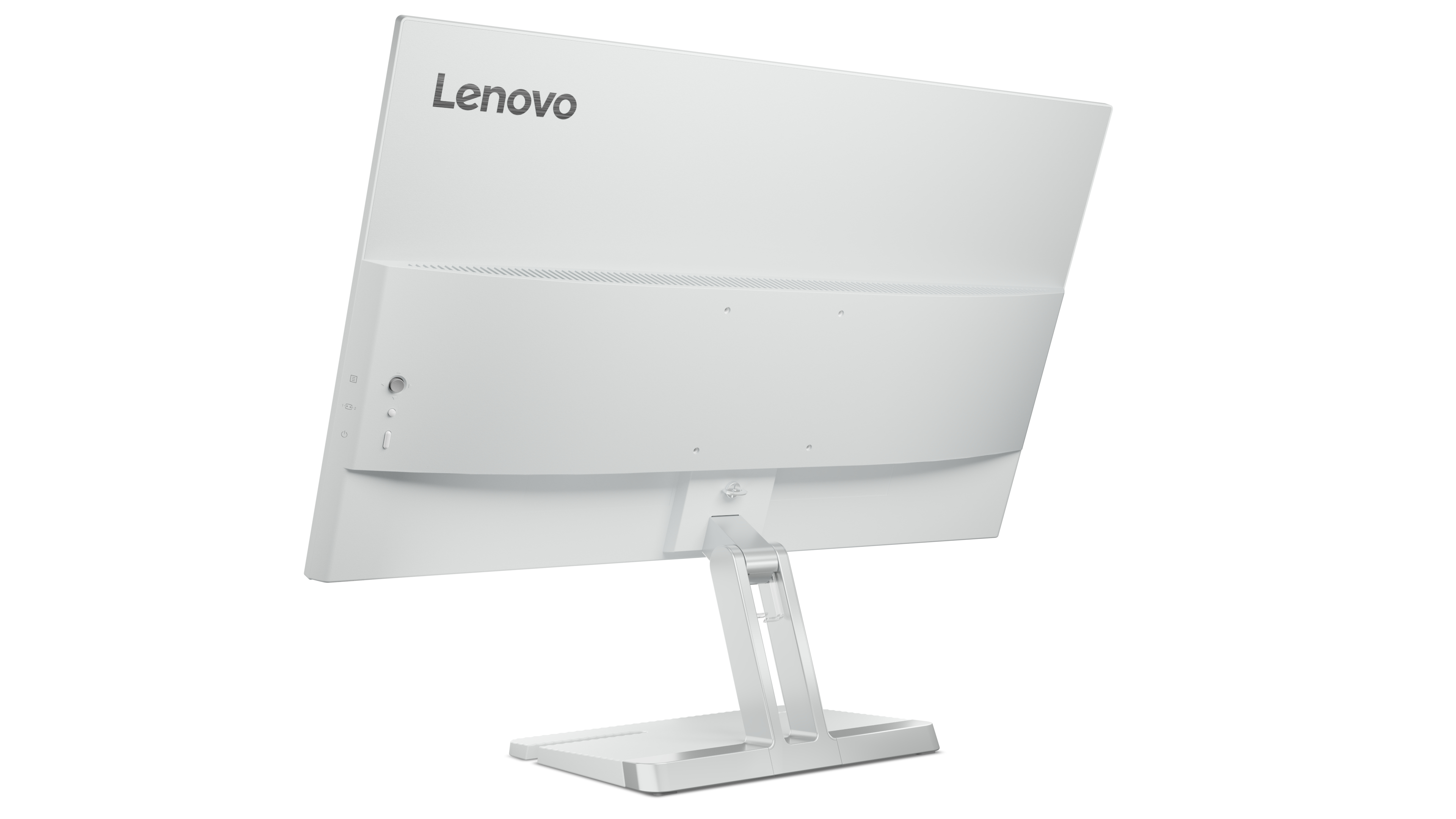 Tył białego monitora Lenovo, z logo Lenovo i portami, widok pod kątem.
