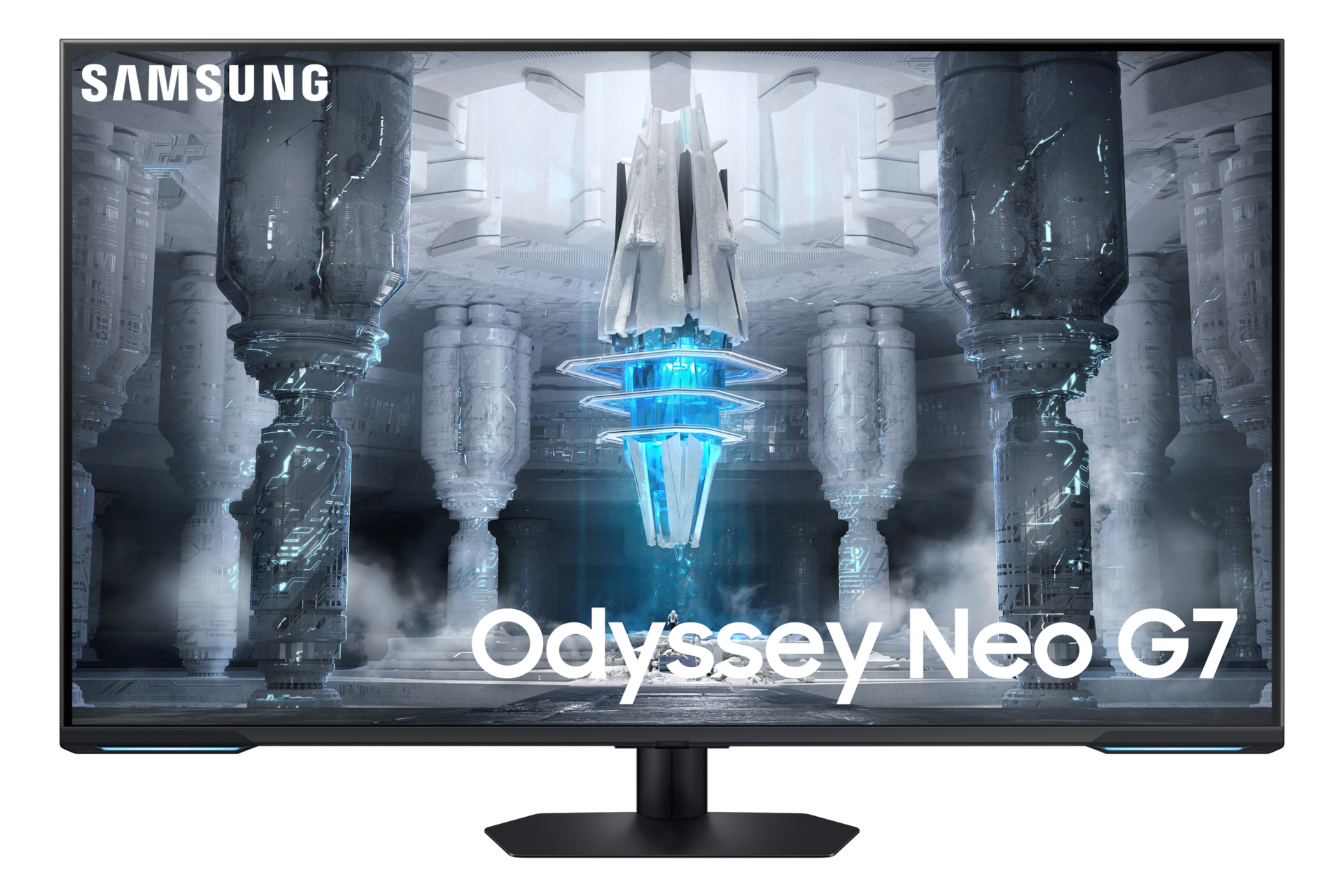 Un monitor nero che mostra una grafica futuristica con colonne e luce blu.