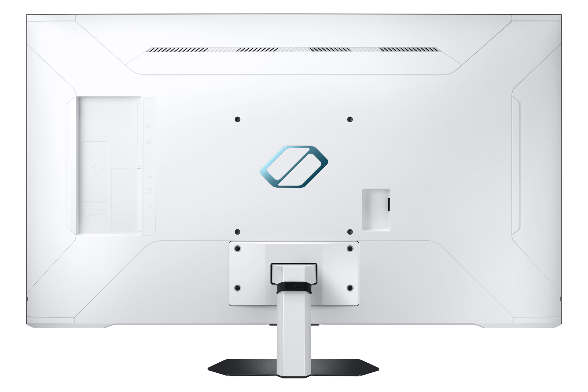 Retro del monitor bianco con supporto. Include porte e un logo blu.