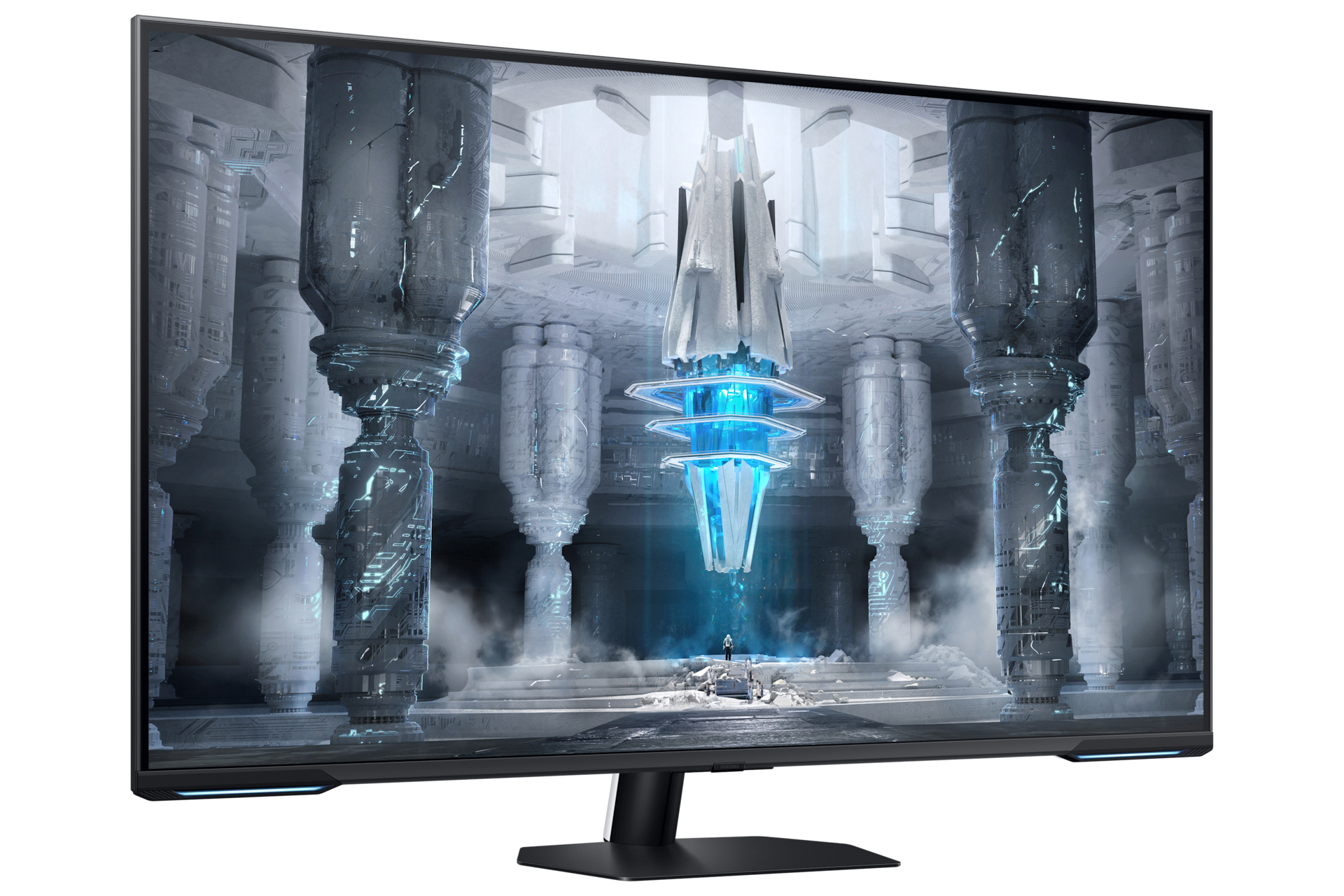Un monitor Samsung mostra una scena fantascientifica futuristica con colonne e una luce blu centrale.