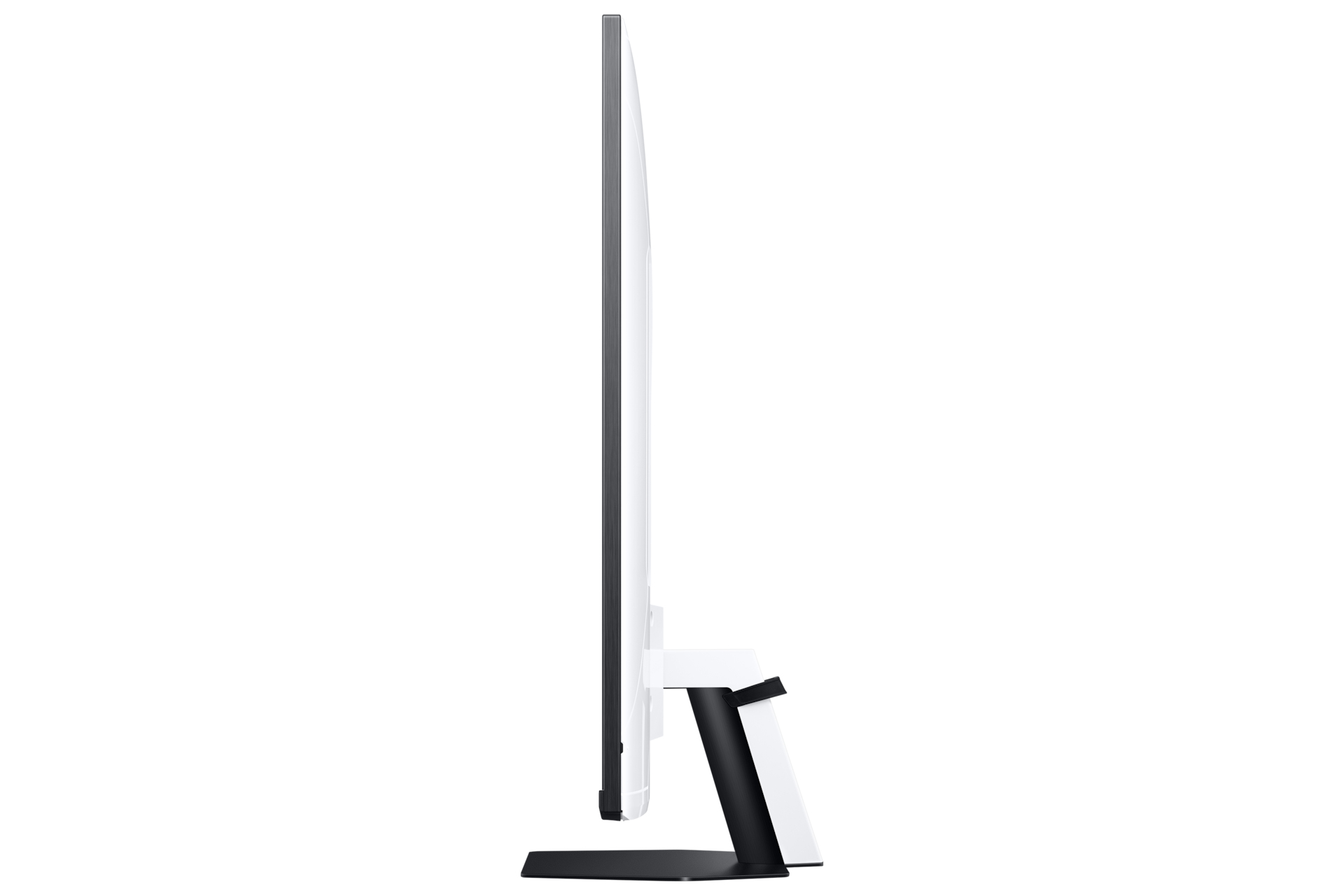 Vista laterale di un monitor. Cornice nera, supporto bianco e nero. Sfondo bianco.