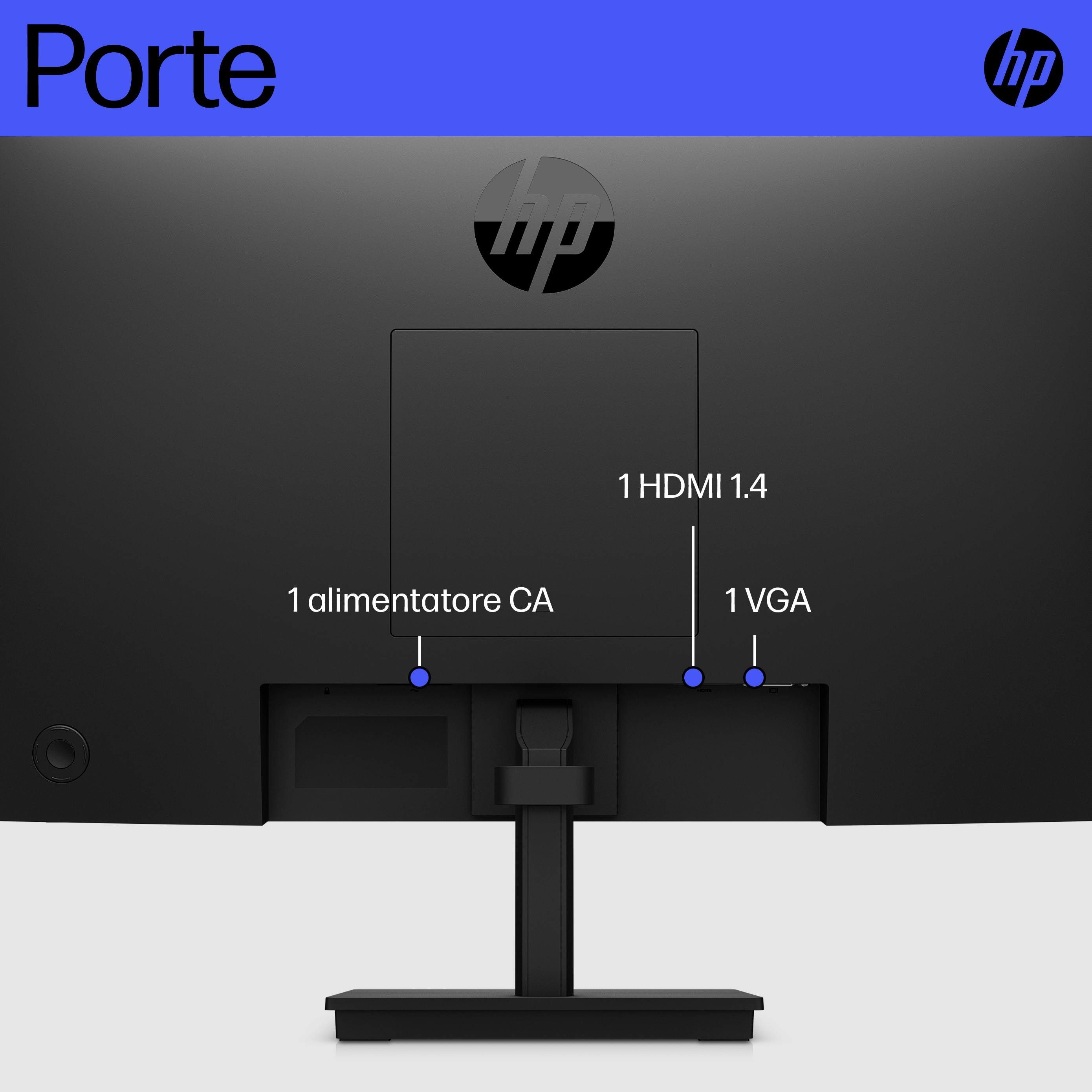 Parte trasera de un monitor HP. Puertos etiquetados: 1 HDMI, 1 CA y 1 VGA. El soporte es negro.
