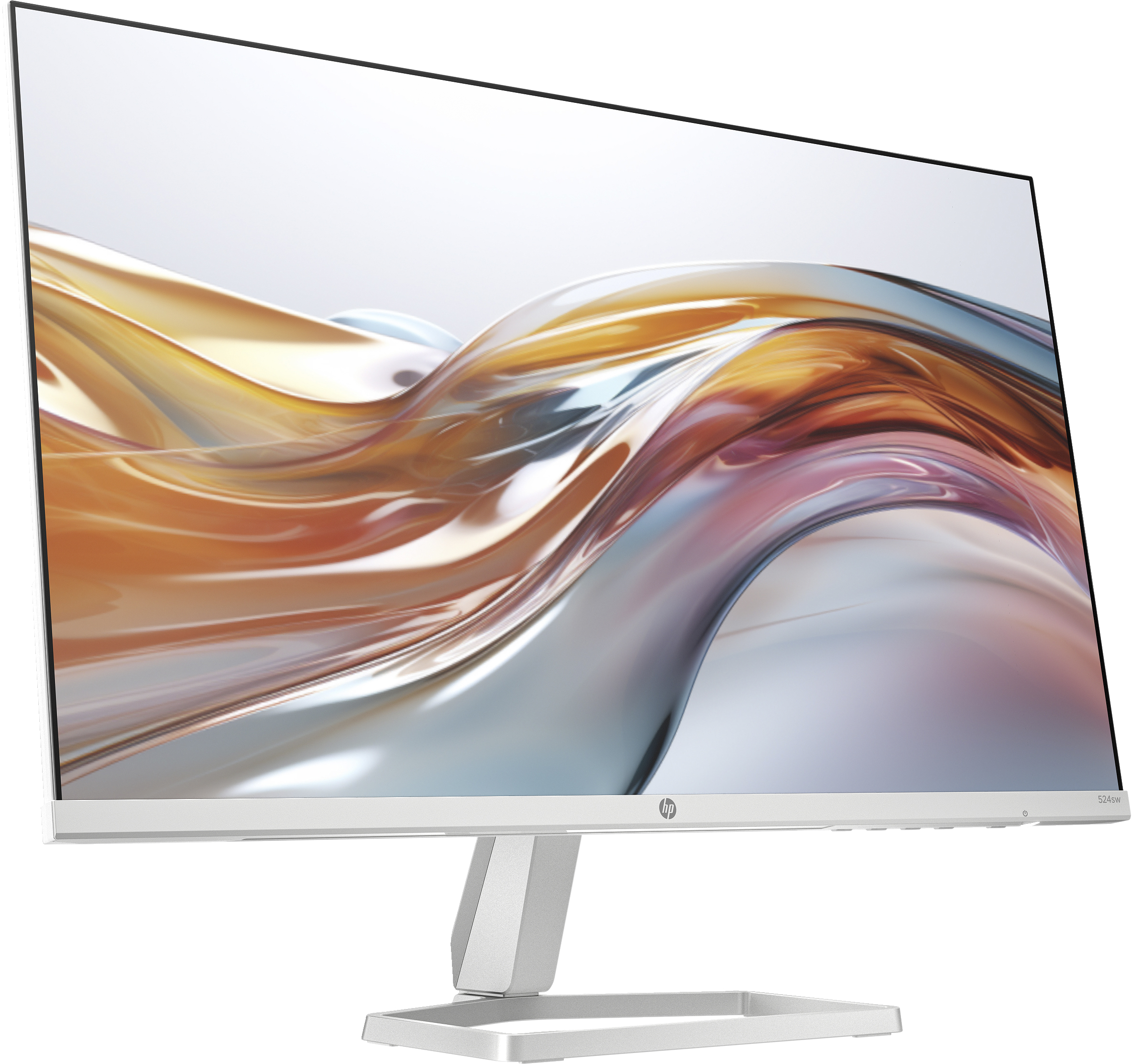 Un monitor HP plateado y blanco con una pantalla curva que muestra una imagen abstracta y colorida.