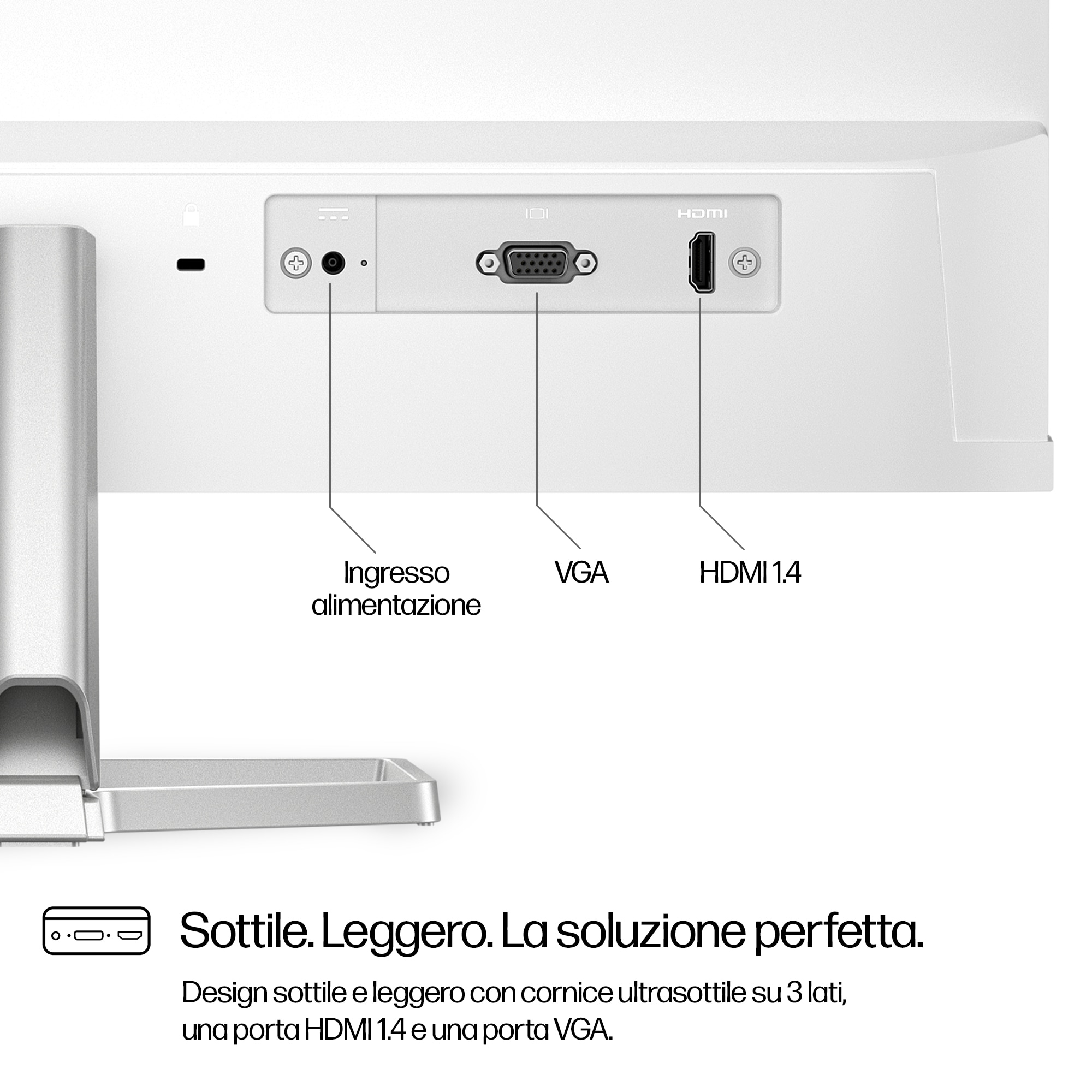 Primer plano de los puertos en la parte posterior de un monitor blanco. Los puertos incluyen alimentación, VGA y HDMI.