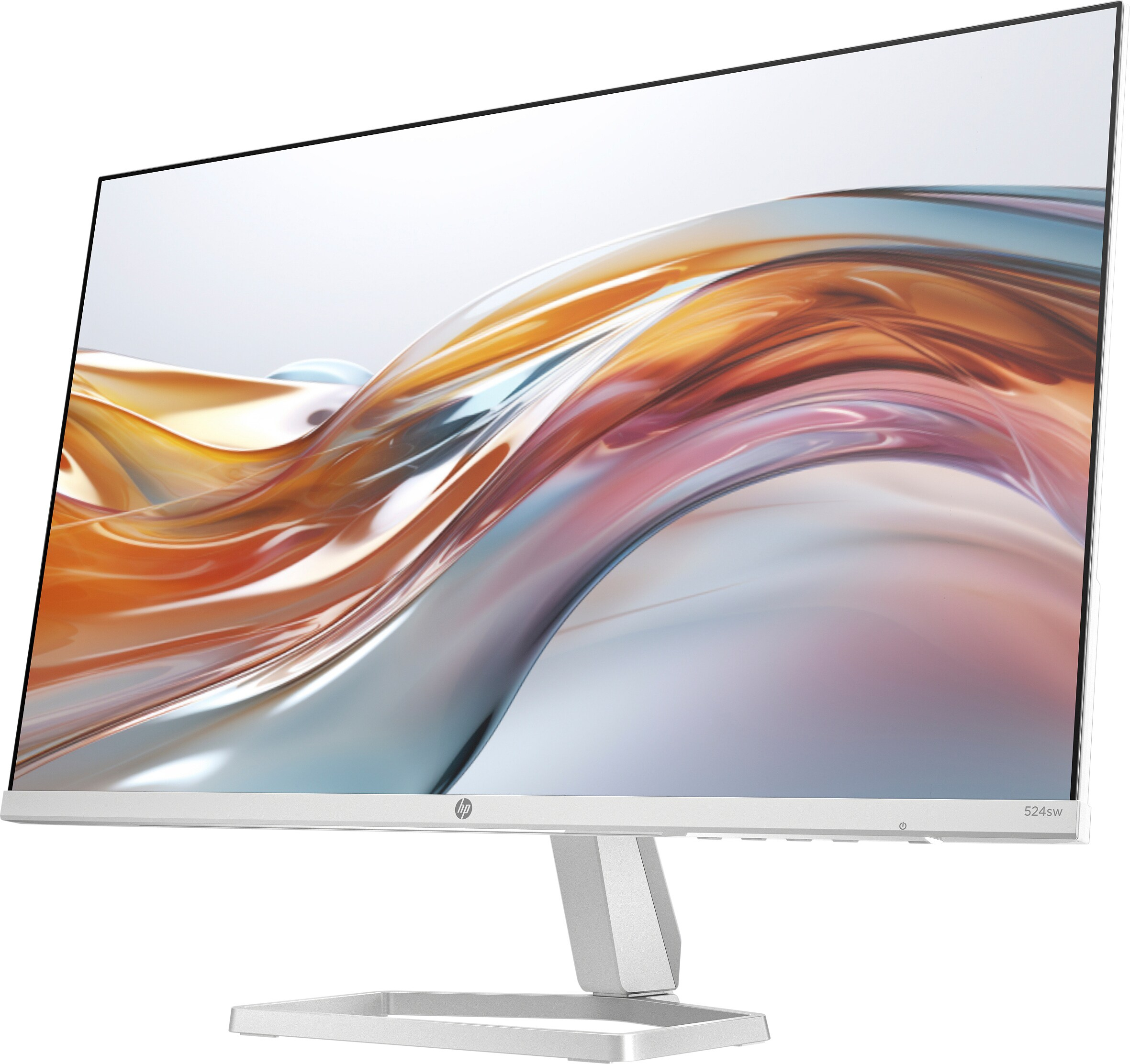 Un monitor HP plateado con imagen abstracta colorida en pantalla. Tiene un soporte plateado.
