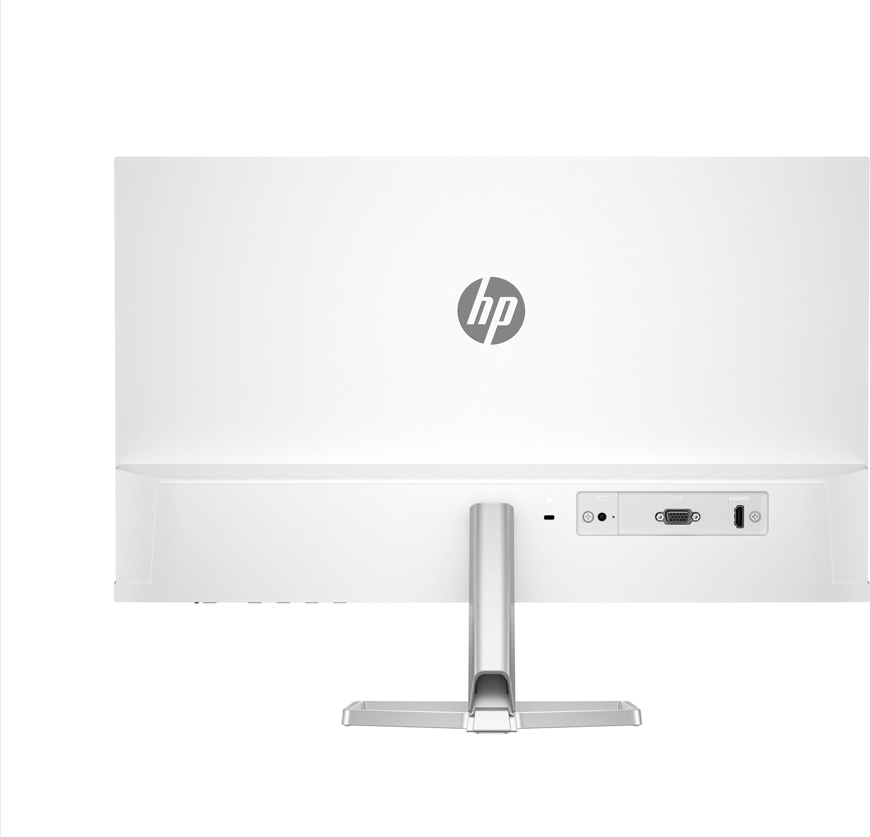 La parte trasera de un monitor HP blanco. Tiene un soporte blanco, con puertos para video, audio y una conexión de alimentación.