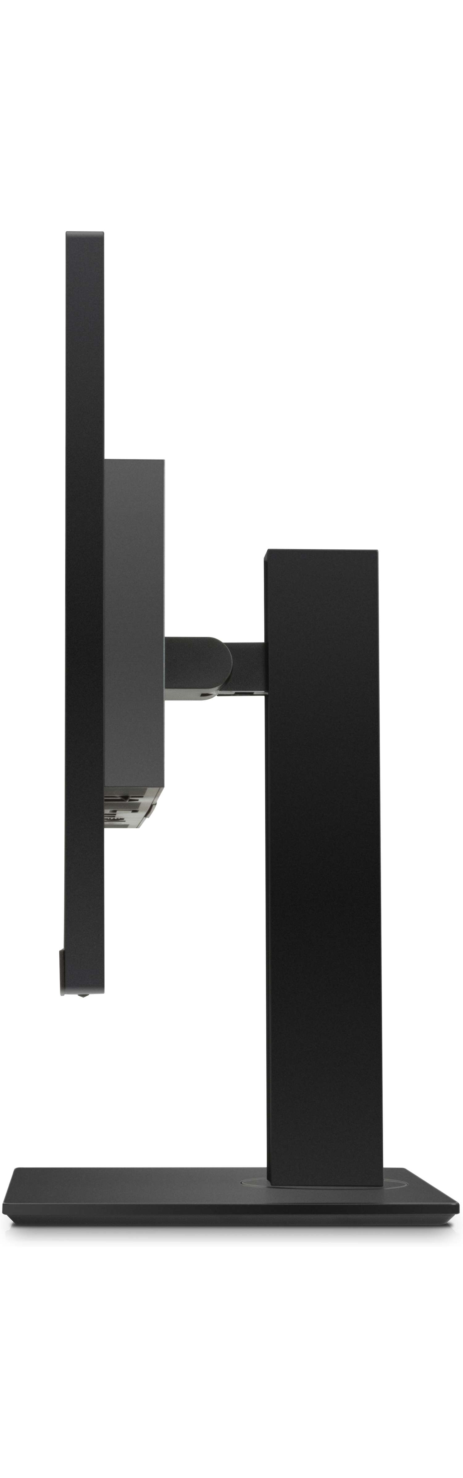 Un monitor negro visto de lado, mostrando la pantalla delgada y el soporte.