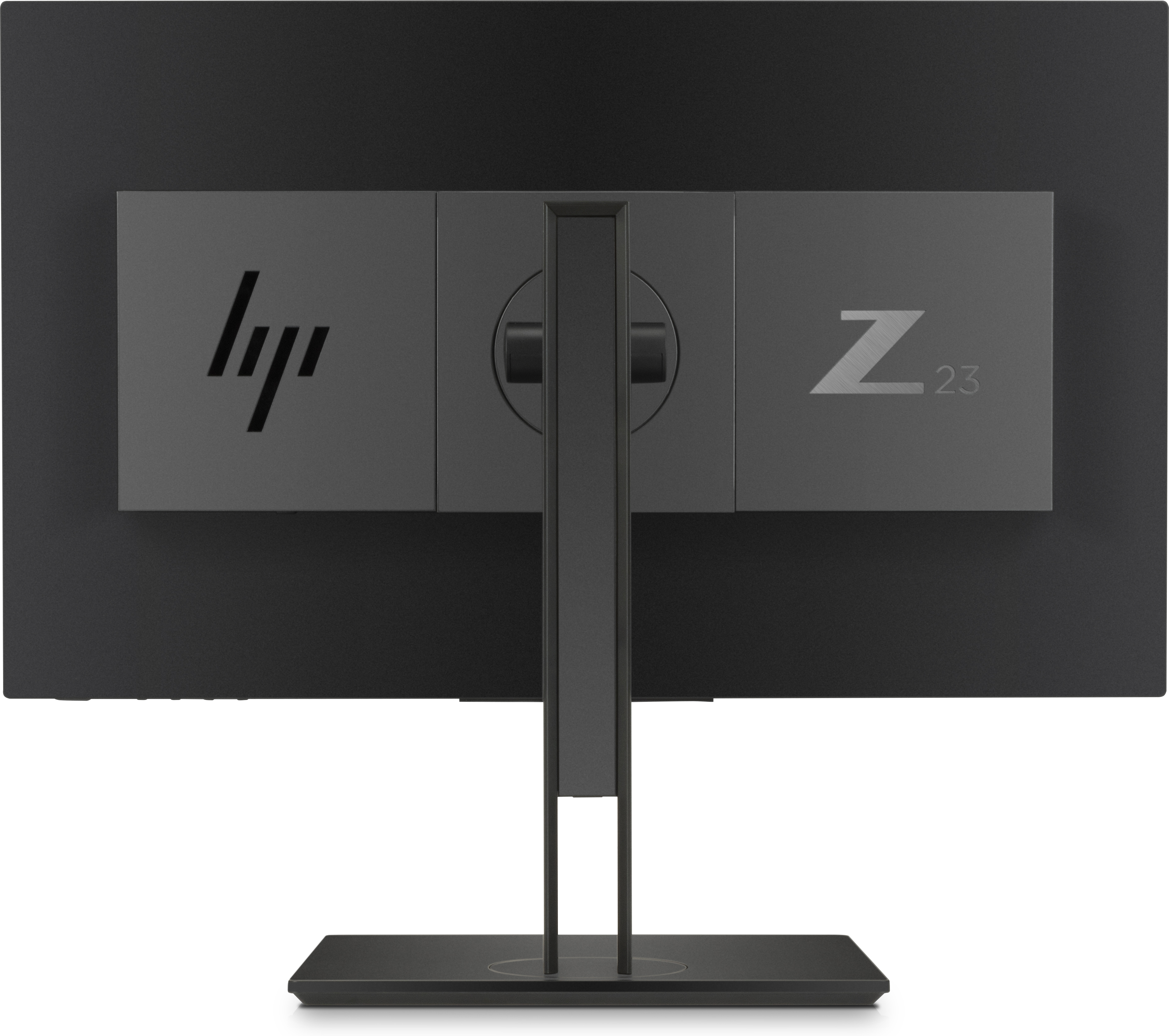 Parte trasera de un monitor negro con soporte. Logo HP y número de modelo Z23.