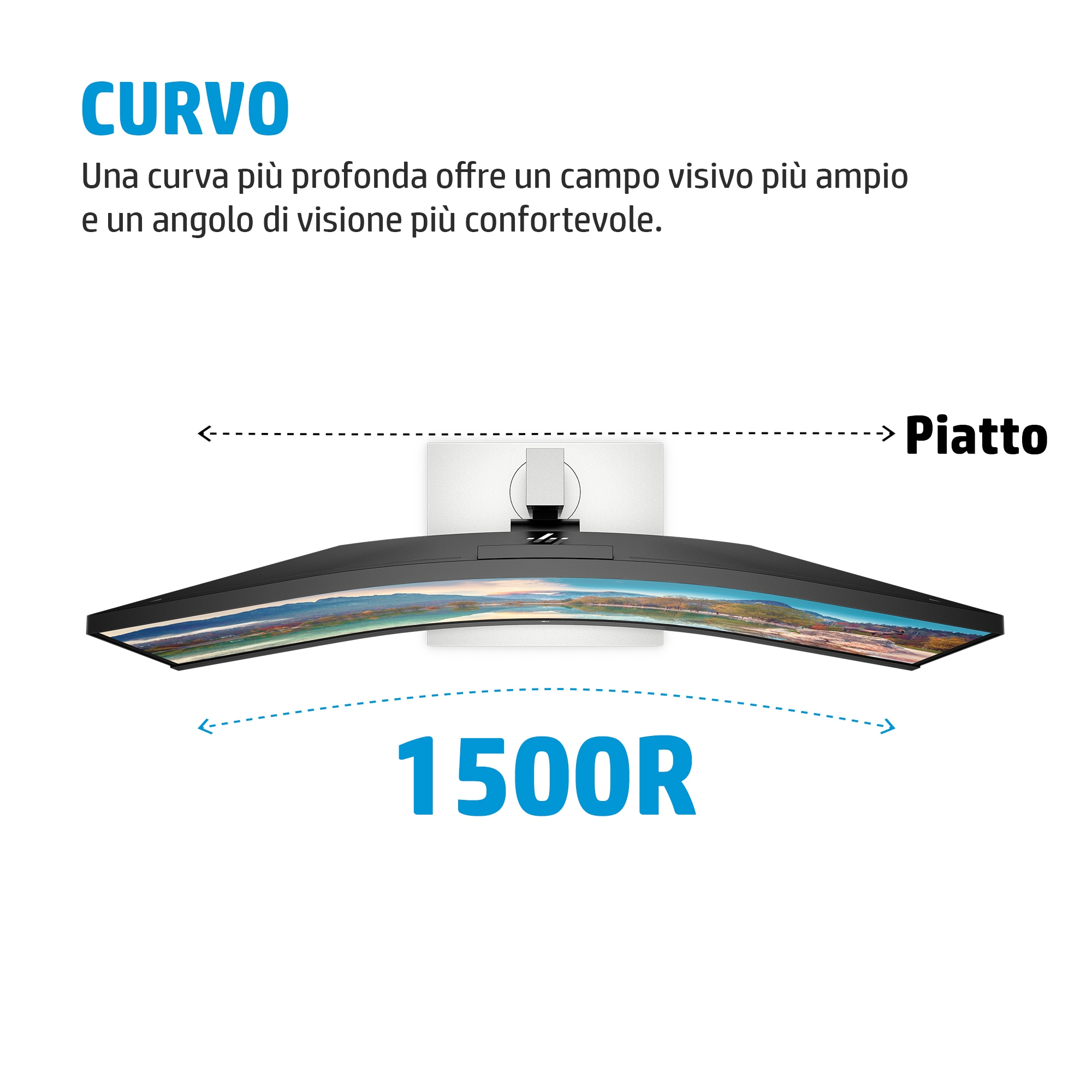 Zakrzywiony monitor wyświetlający tekst o głębszej krzywiźnie oferującej szerszy i bardziej komfortowy kąt widzenia.