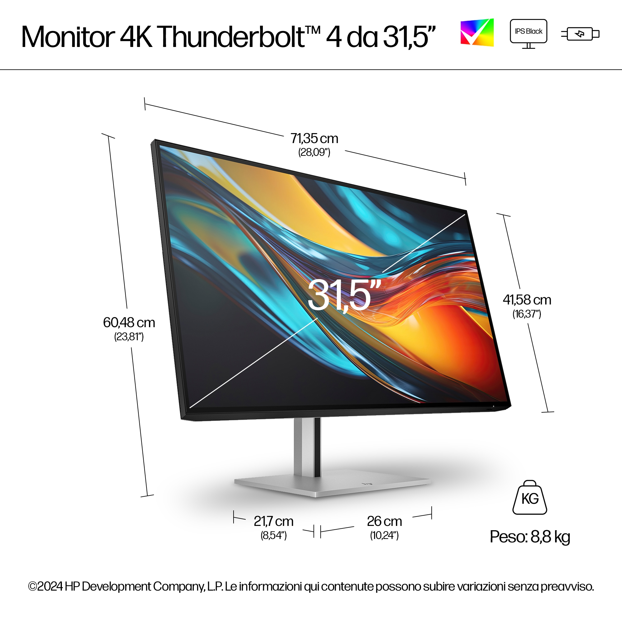 Monitor HP 4K, wyświetlone wymiary. Czarna ramka, srebrna podstawa. Pokazuje ekran 31,5".
