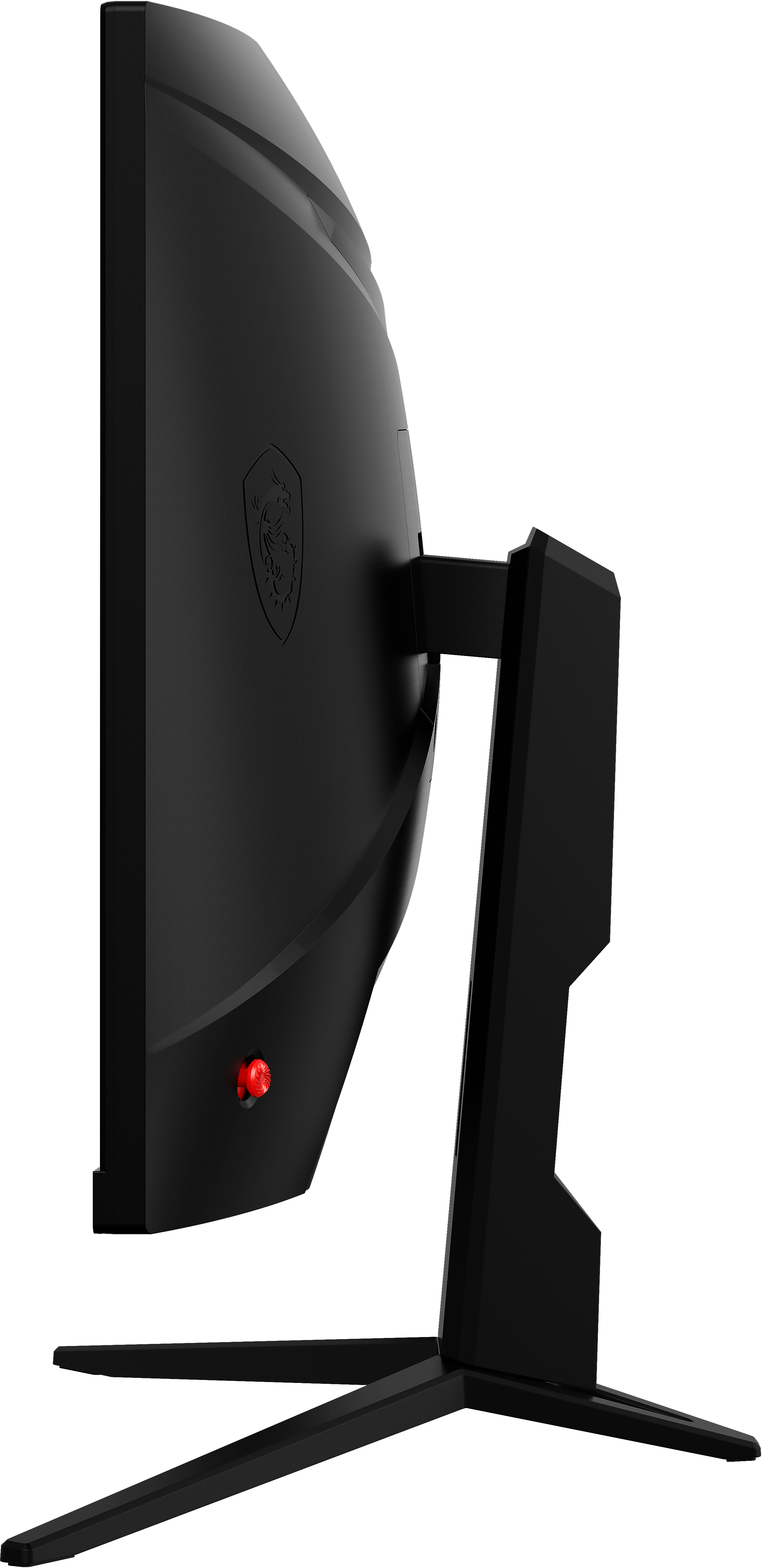 Czarny monitor MSI, widok z boku. Czerwony przycisk zasilania i logo z tyłu.