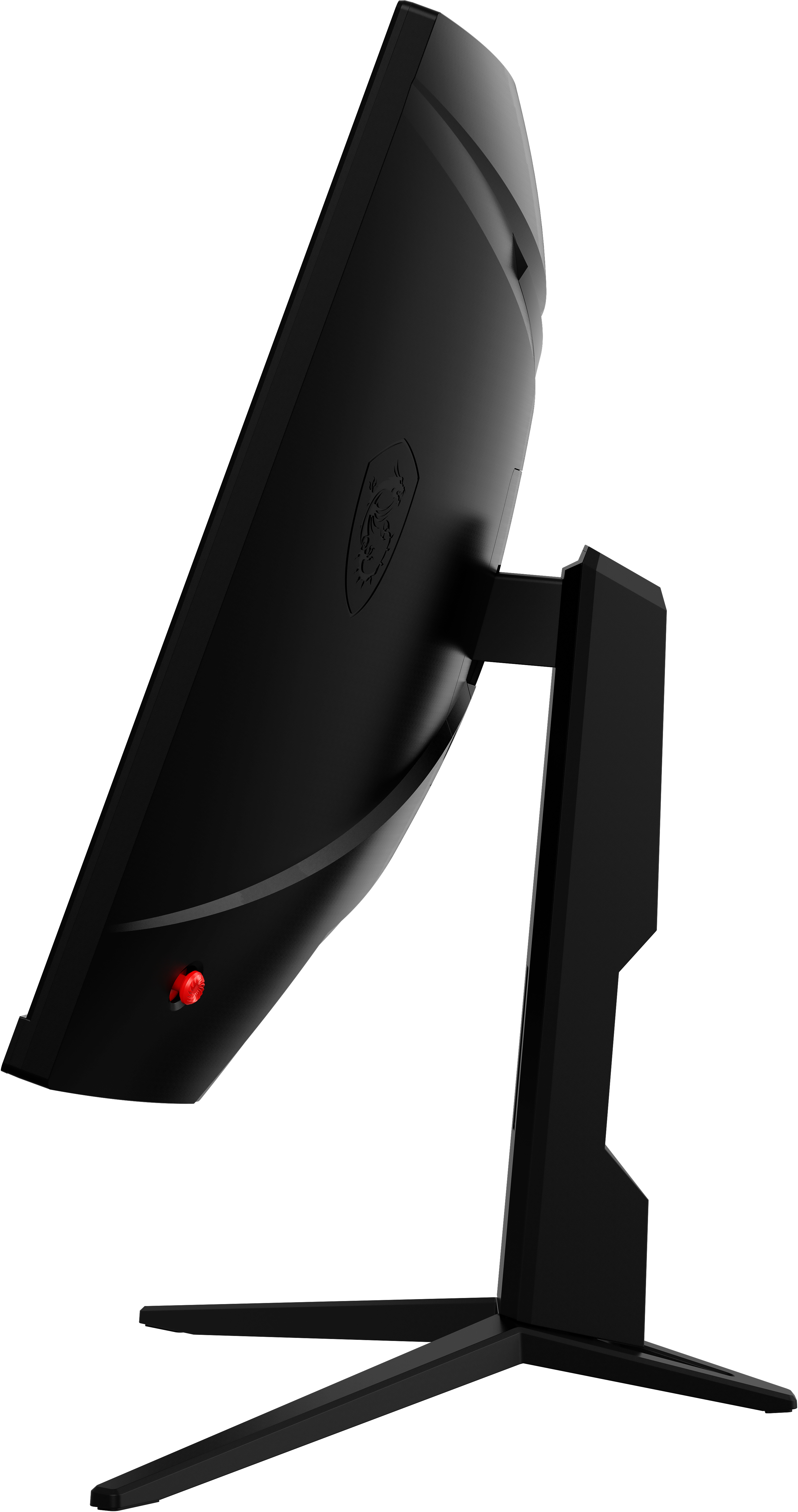 Widok z boku czarnego monitora z czerwonym przyciskiem zasilania.