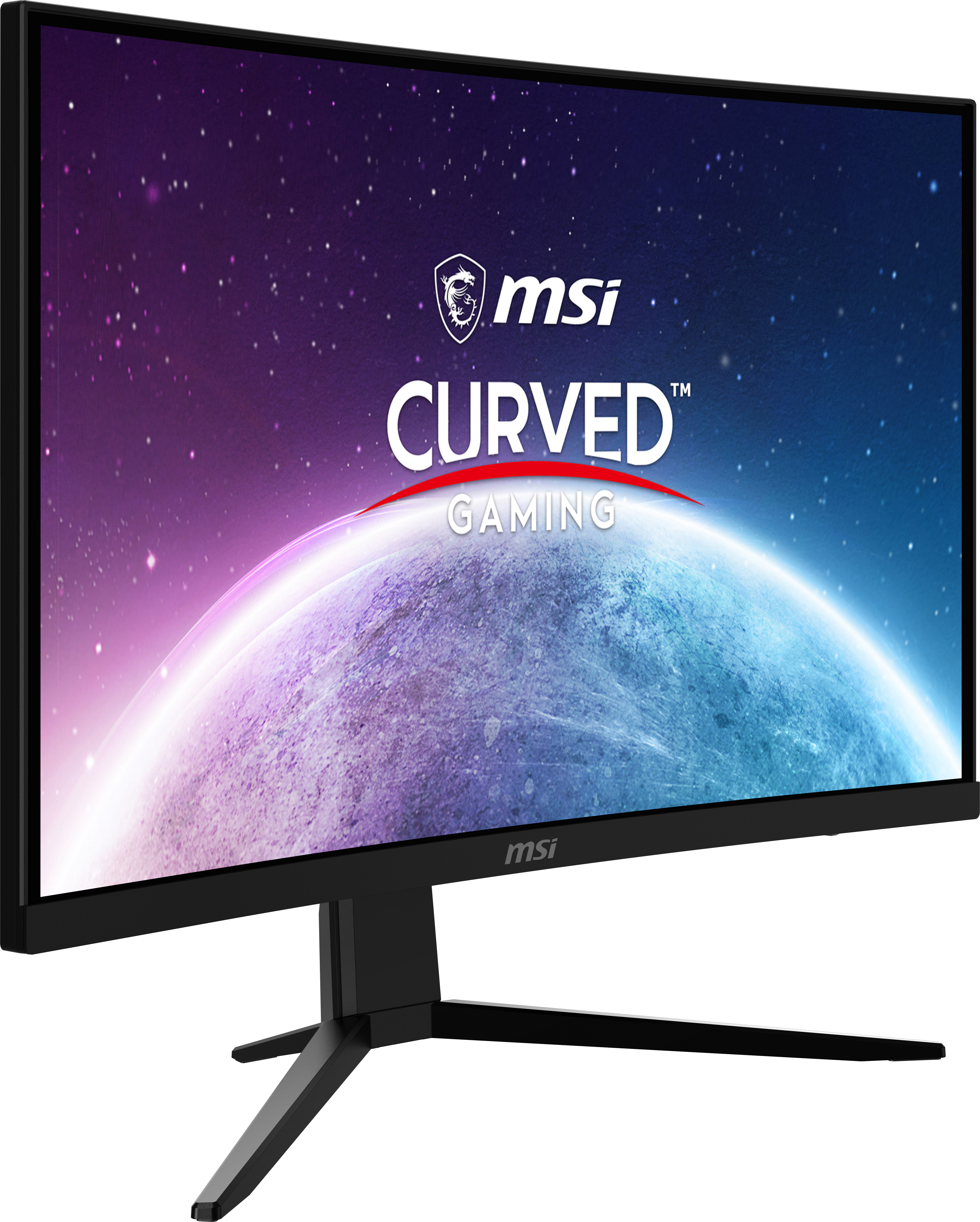 Zakrzywiony czarny monitor ze sceną kosmiczną, logo MSI i tekstem "Curved Gaming".