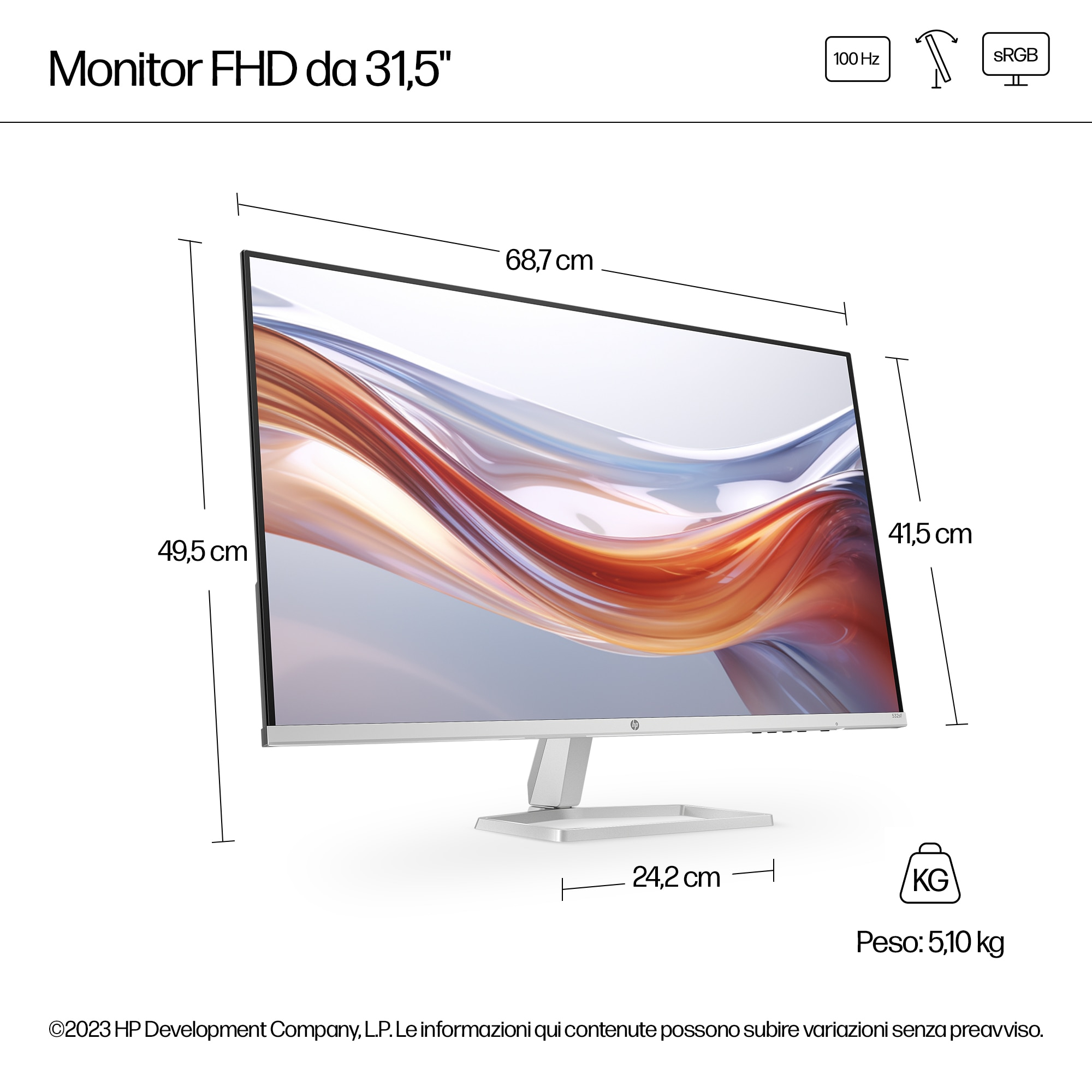 Un monitor con dimensiones y detalles de tamaño, incluyendo un peso de 5.10 kg.