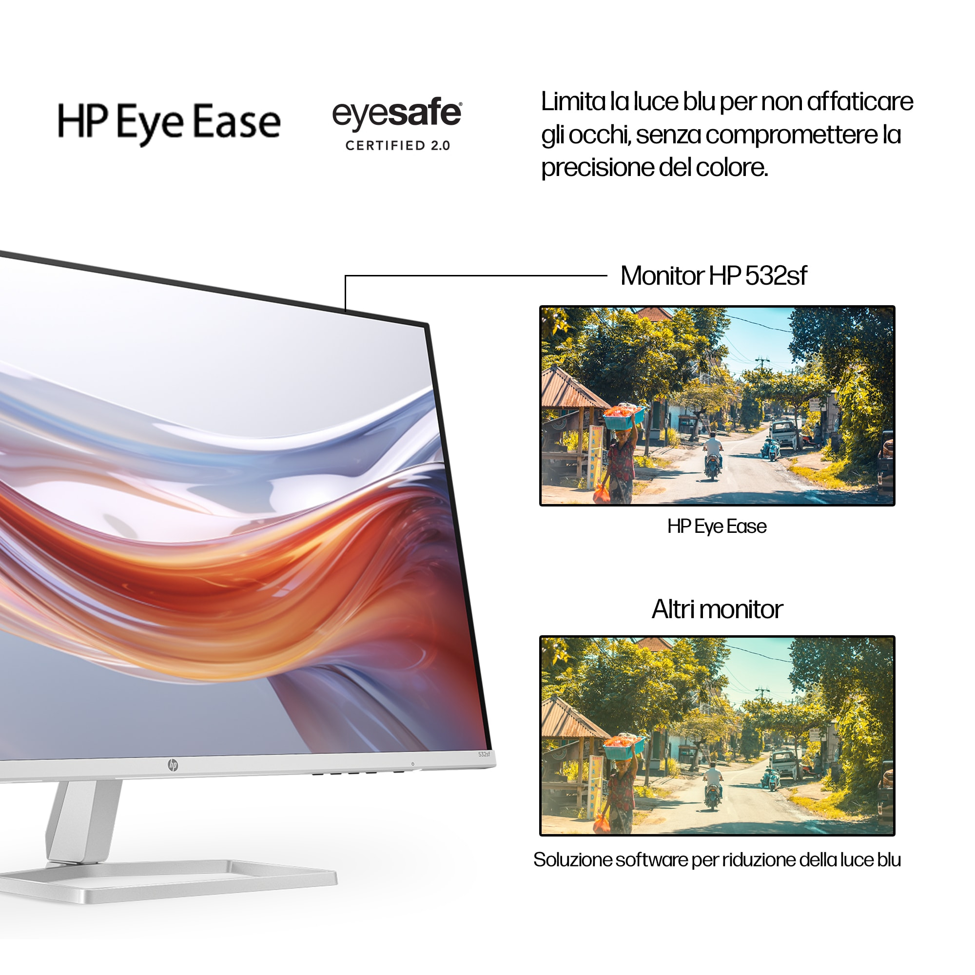 Un monitor HP blanco y plateado. Dos imágenes insertadas muestran una escena callejera.