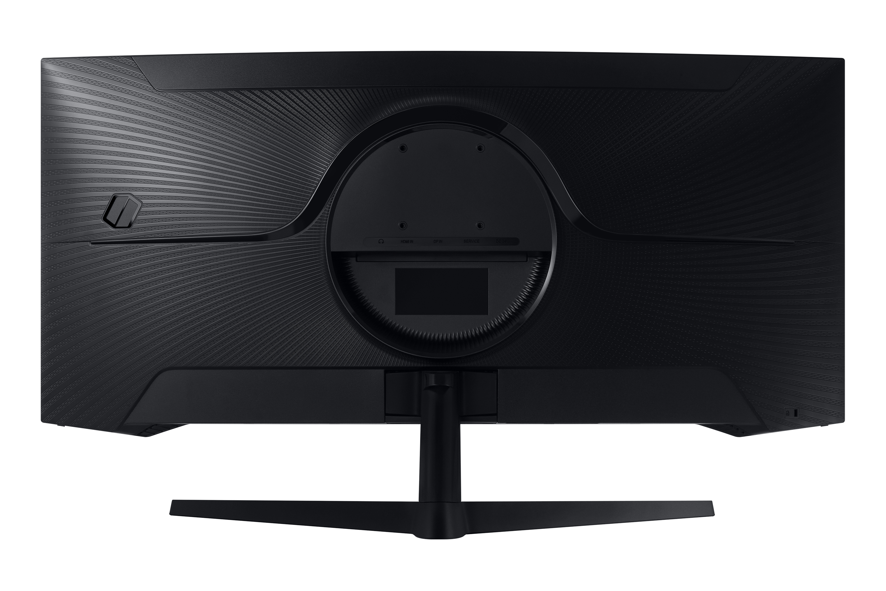 Retro di un monitor con superficie nera testurizzata, che mostra le porte e il collegamento del supporto.