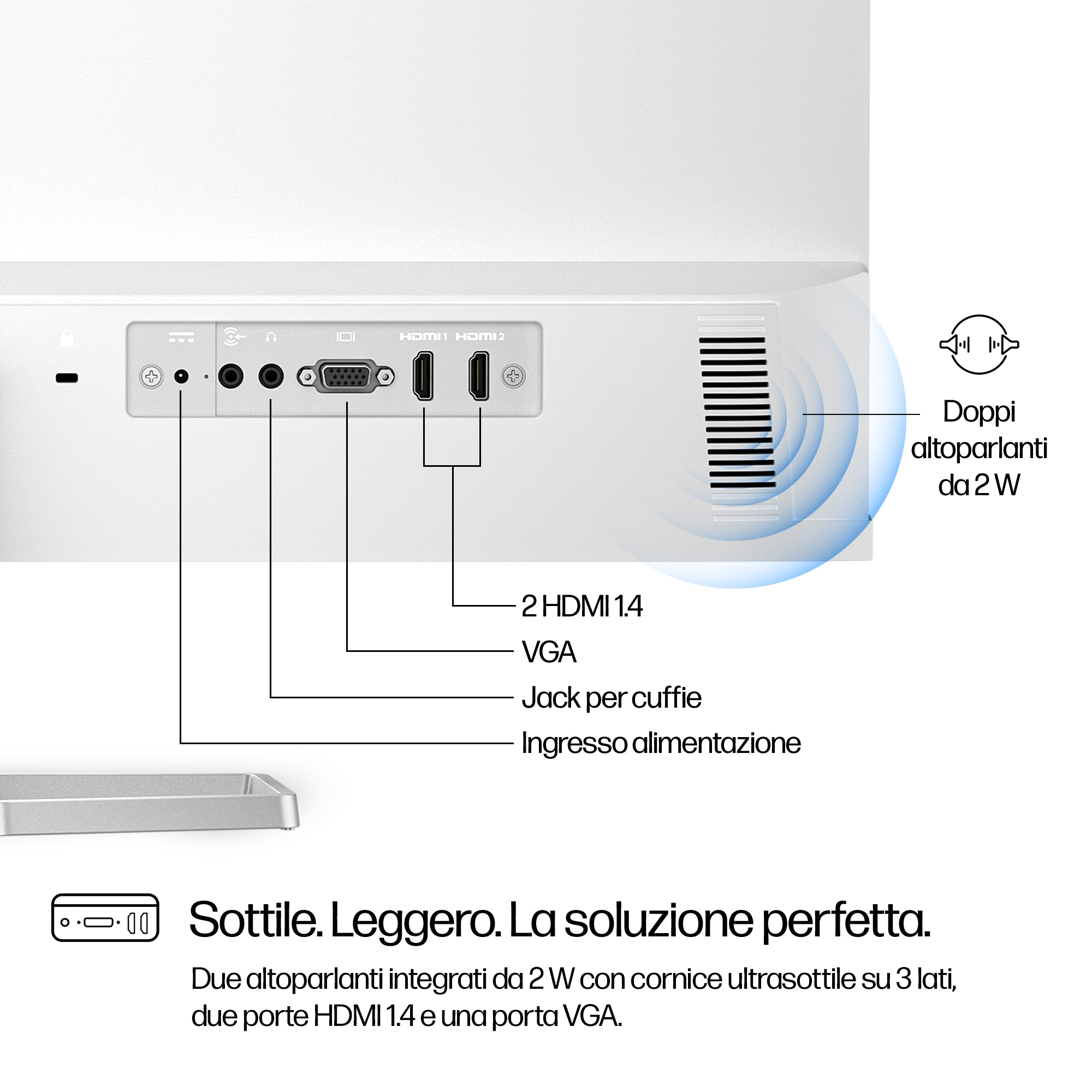 Biały monitor z portami i głośnikami, z tekstem w języku włoskim. Czysty, zwięzły design.