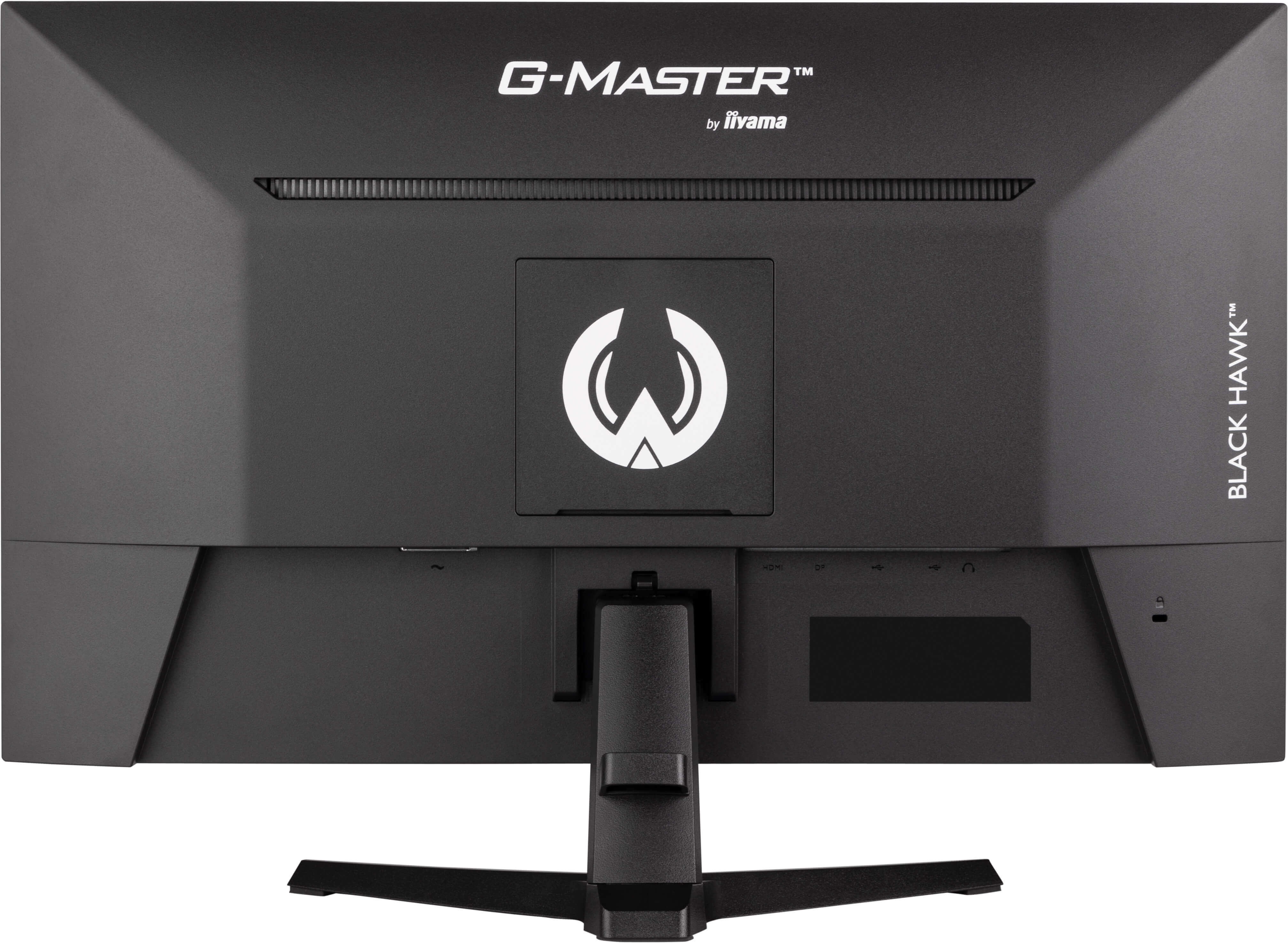 Tył czarnego monitora G-MASTER z logo Black Hawk i różnymi portami.