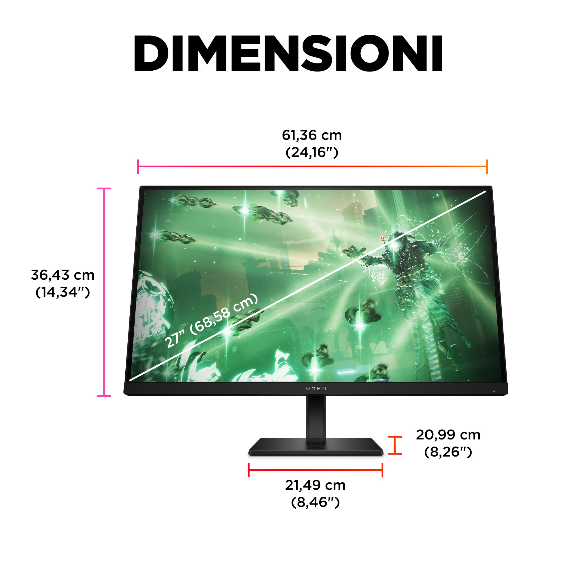 Dimensiones de un monitor con texto 'DIMENSIONI'. Tiene 27 pulgadas de ancho, con medidas en cm y pulgadas.