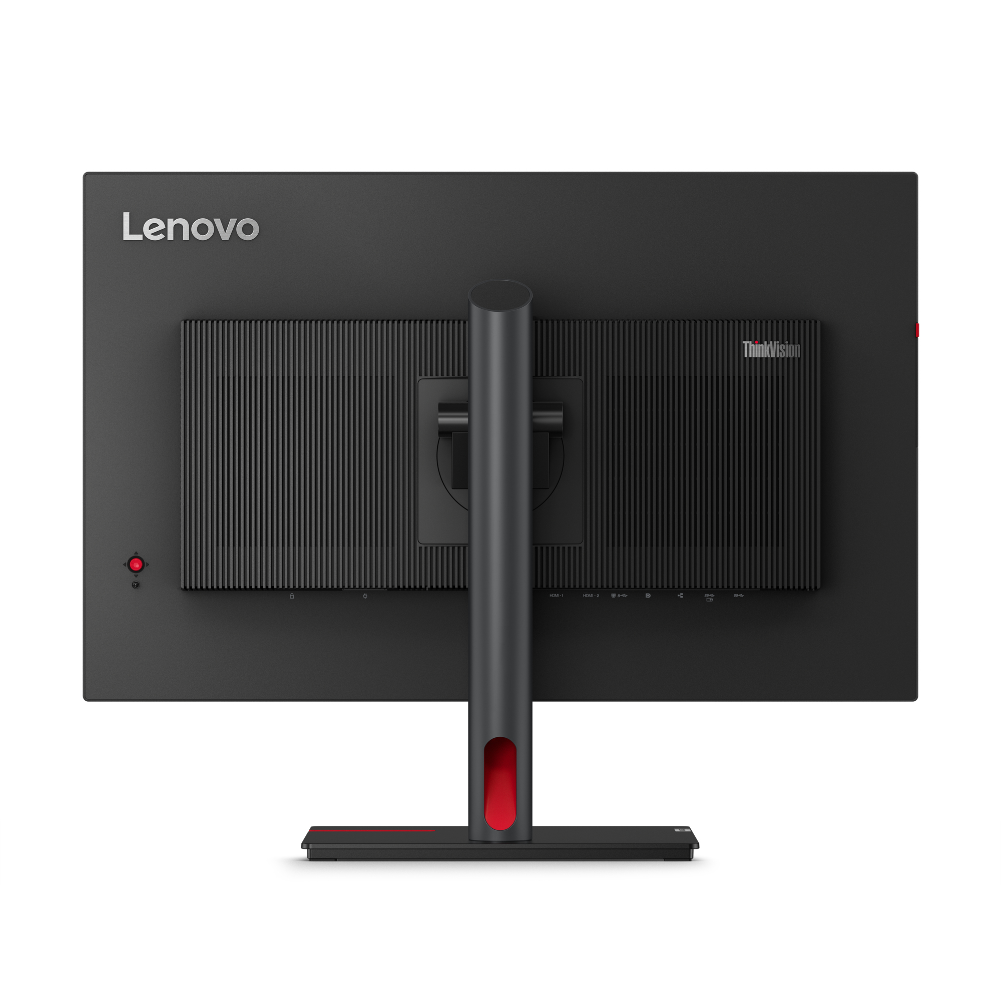 Tył czarnego monitora Lenovo. Podstawa jest czarna i czerwona.