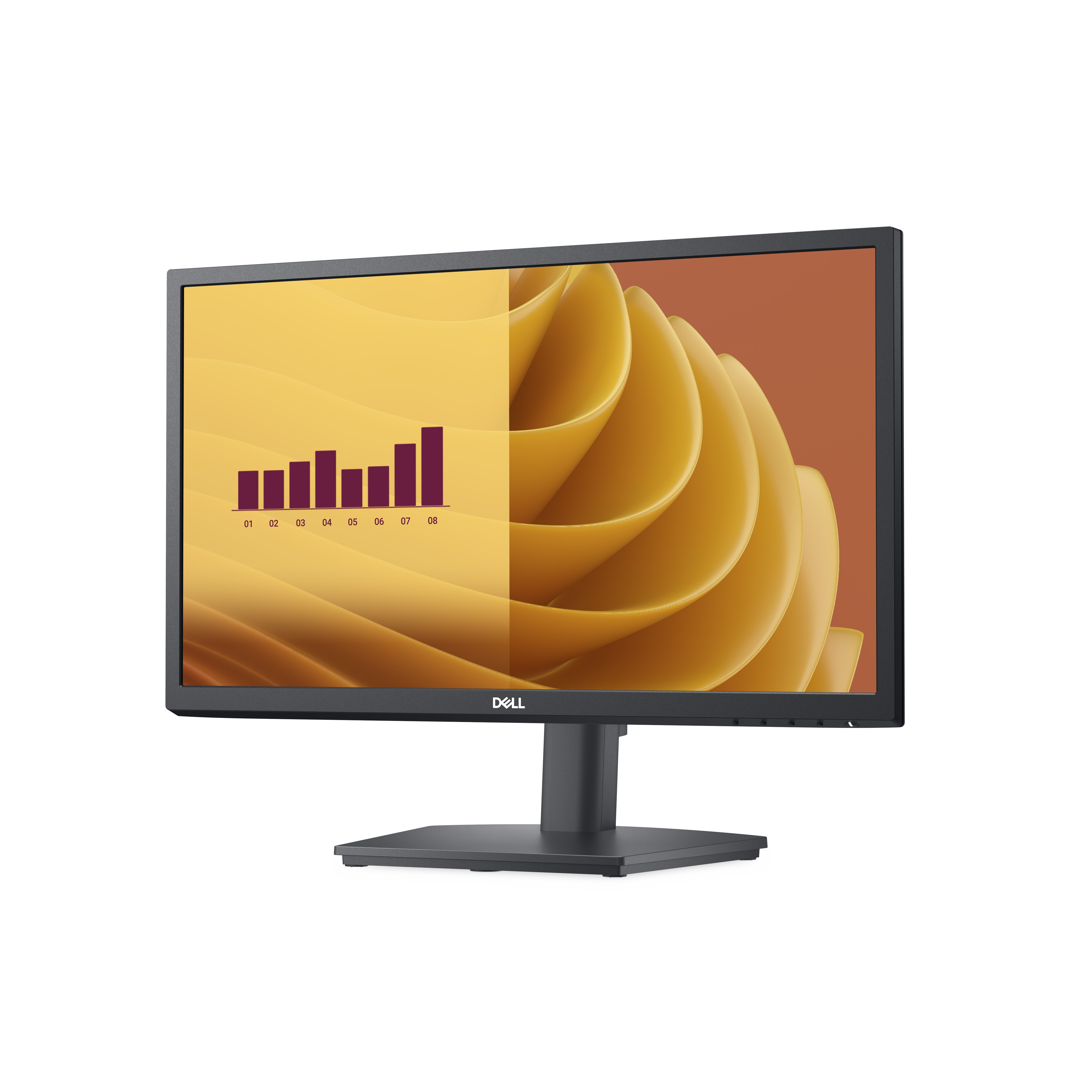 Monitor Dell con gráfico de barras en pantalla, soporte negro y fondo amarillo-marrón.
